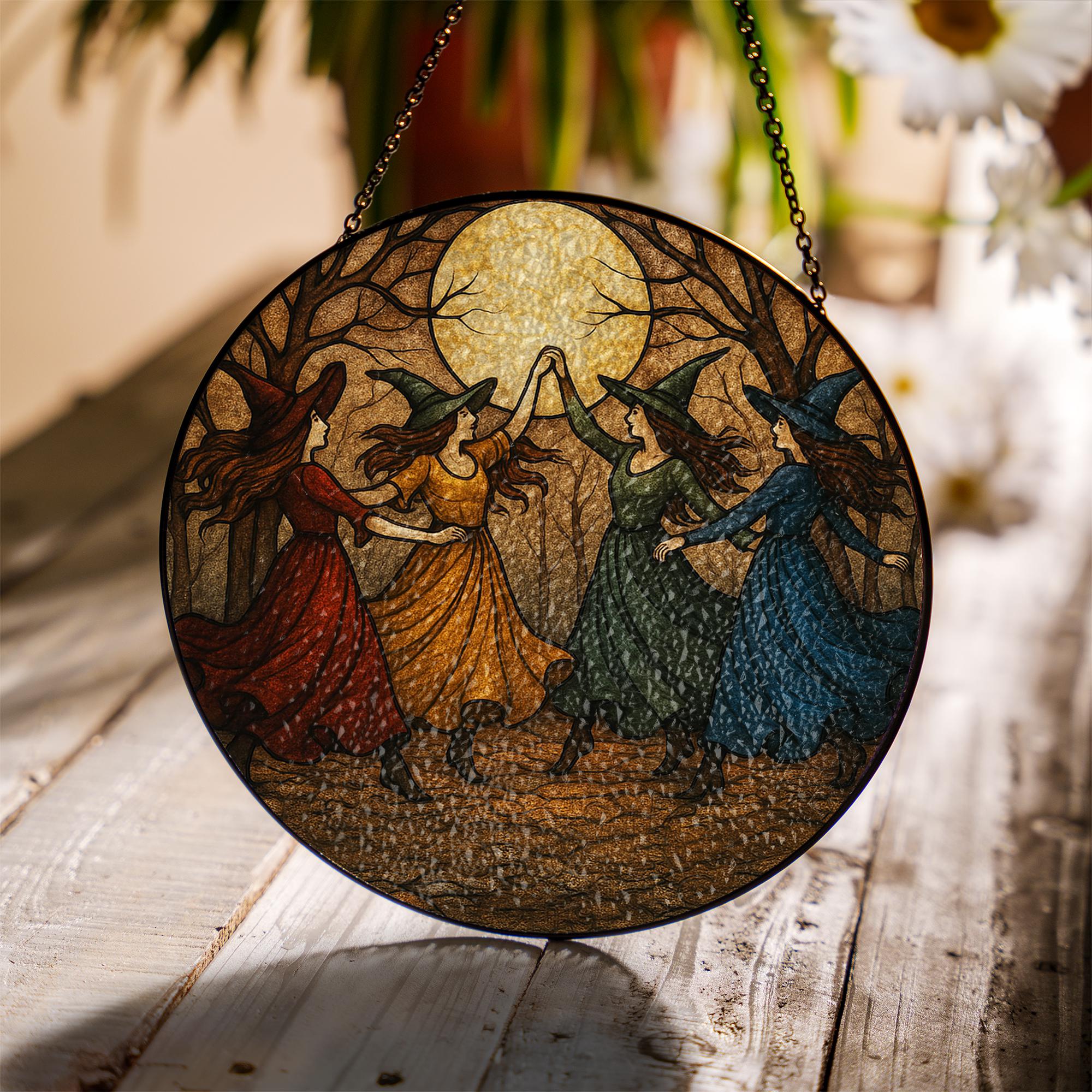 Dancing Witches Glass Window Hanging - Feminist Witch Suncatcher, Pagan Sisterhood Decor, Coven Moon Gift for Her