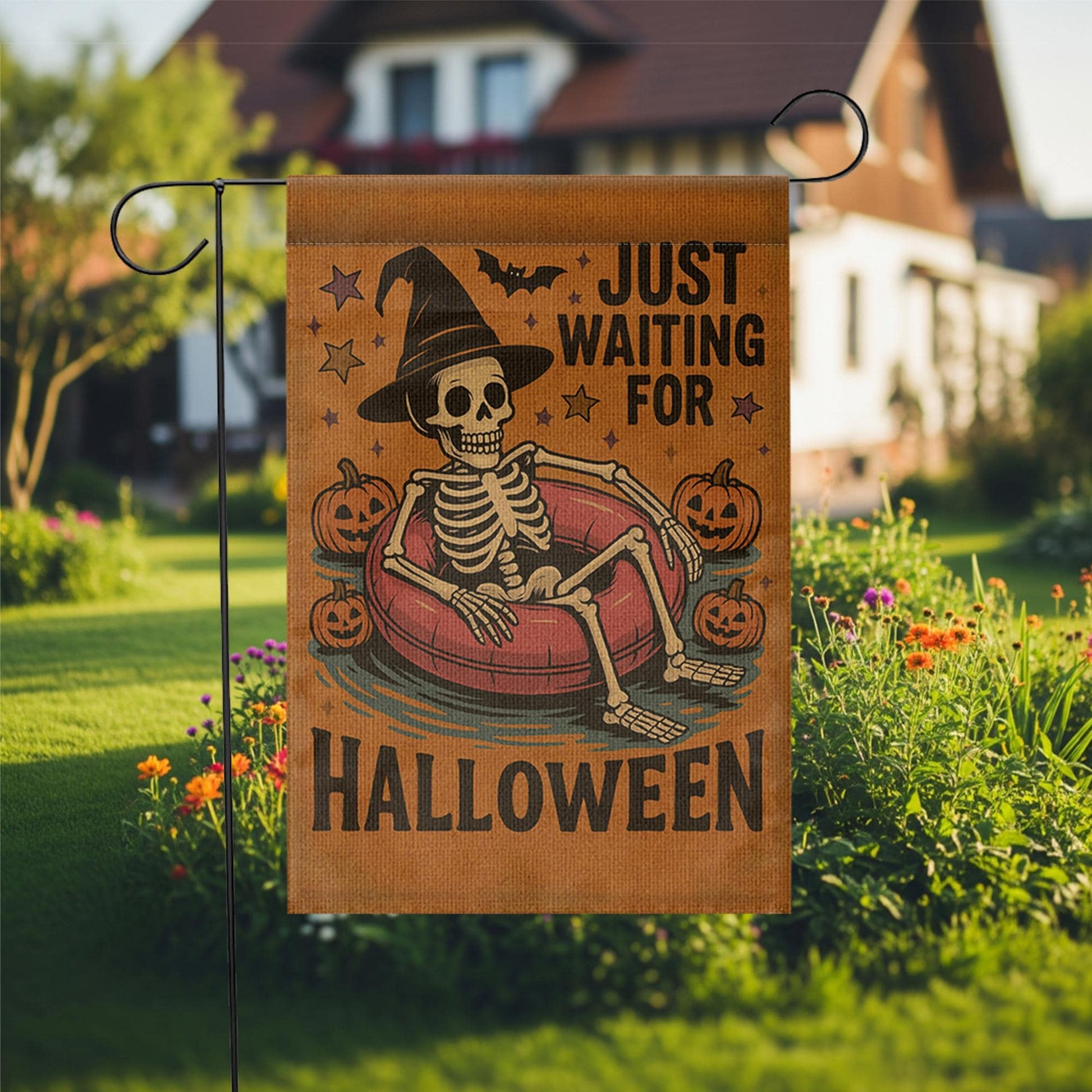 Just Waiting for Halloween Garden Flag - Funny Skeleton Yard Decor, Spooky Witch Hat Outdoor Sign, Fall Pumpkin Halloween Banner