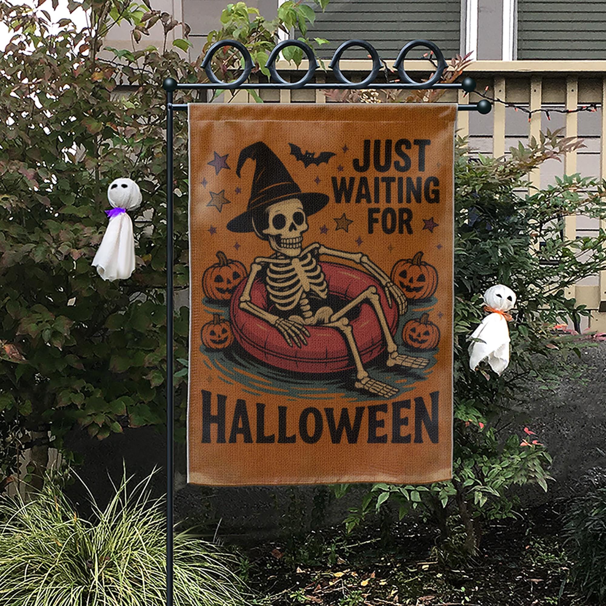 Just Waiting for Halloween Garden Flag - Funny Skeleton Yard Decor, Spooky Witch Hat Outdoor Sign, Fall Pumpkin Halloween Banner