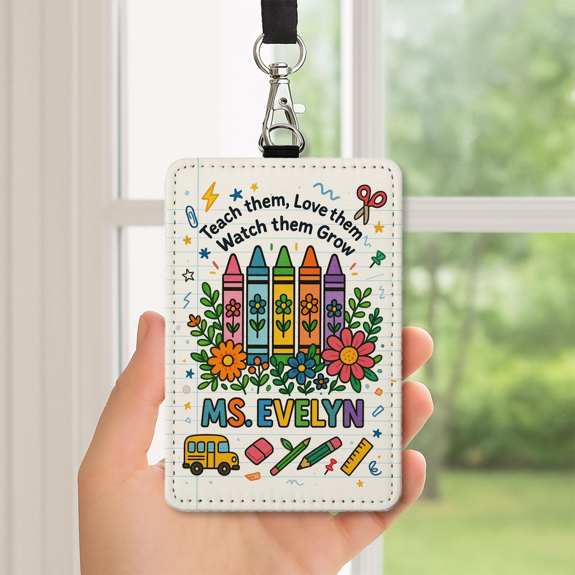 Teacher Badge Holder, Crayon Floral ID Tag, Teach Love Grow Card Case, Back to School Gift, Colorful Educator Lanyard Accessory