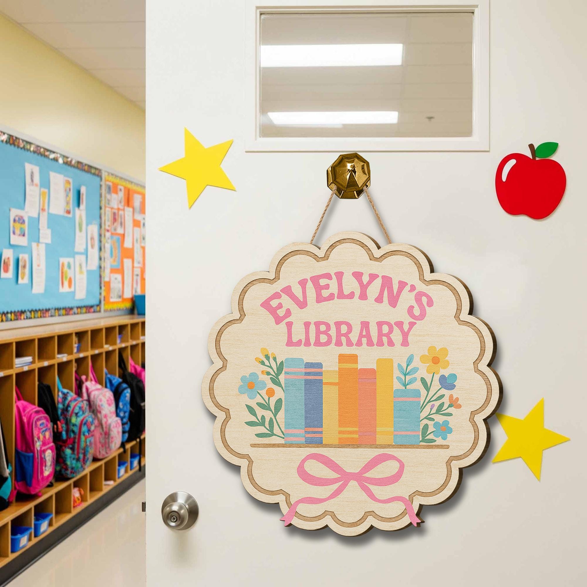 Personalized Library Wooden Sign, Kids Book Room Door Hanger, Custom Name Floral Decor, Reading Nook Wall Plaque, Book Lover Gift