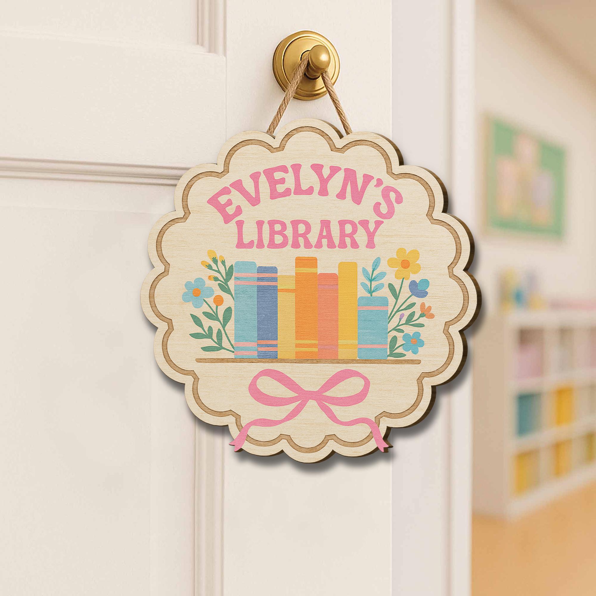 Personalized Library Wooden Sign, Kids Book Room Door Hanger, Custom Name Floral Decor, Reading Nook Wall Plaque, Book Lover Gift