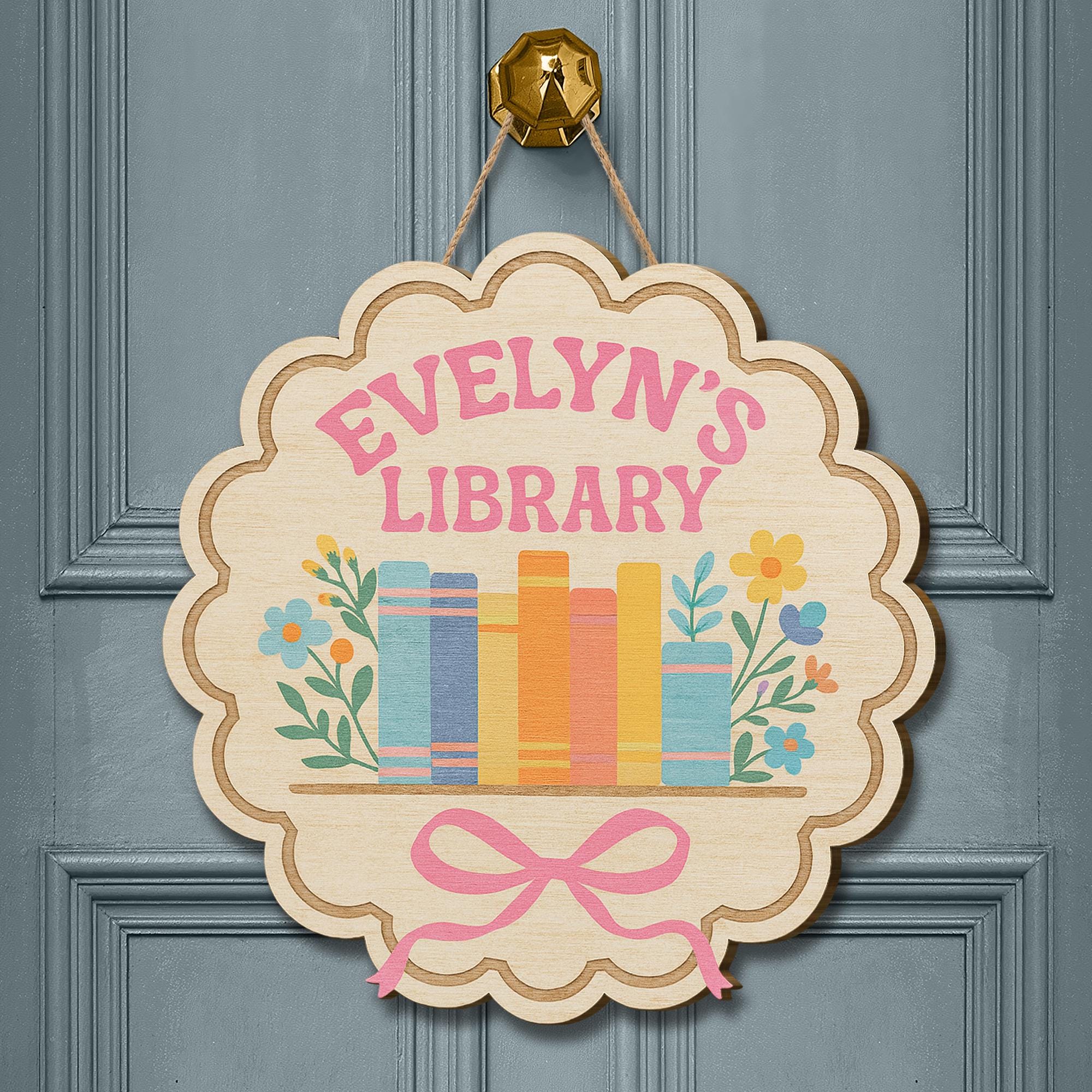 Personalized Library Wooden Sign, Kids Book Room Door Hanger, Custom Name Floral Decor, Reading Nook Wall Plaque, Book Lover Gift