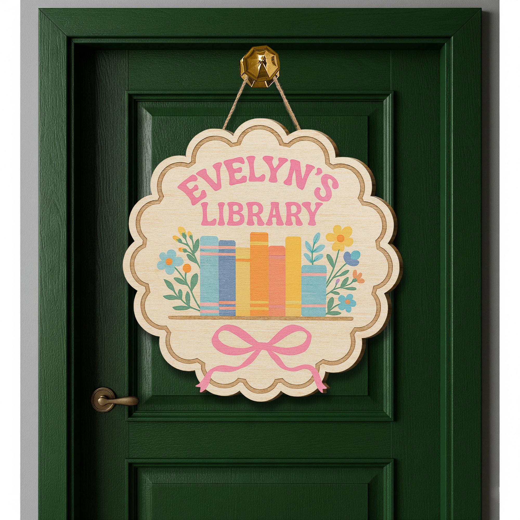 Personalized Library Wooden Sign, Kids Book Room Door Hanger, Custom Name Floral Decor, Reading Nook Wall Plaque, Book Lover Gift