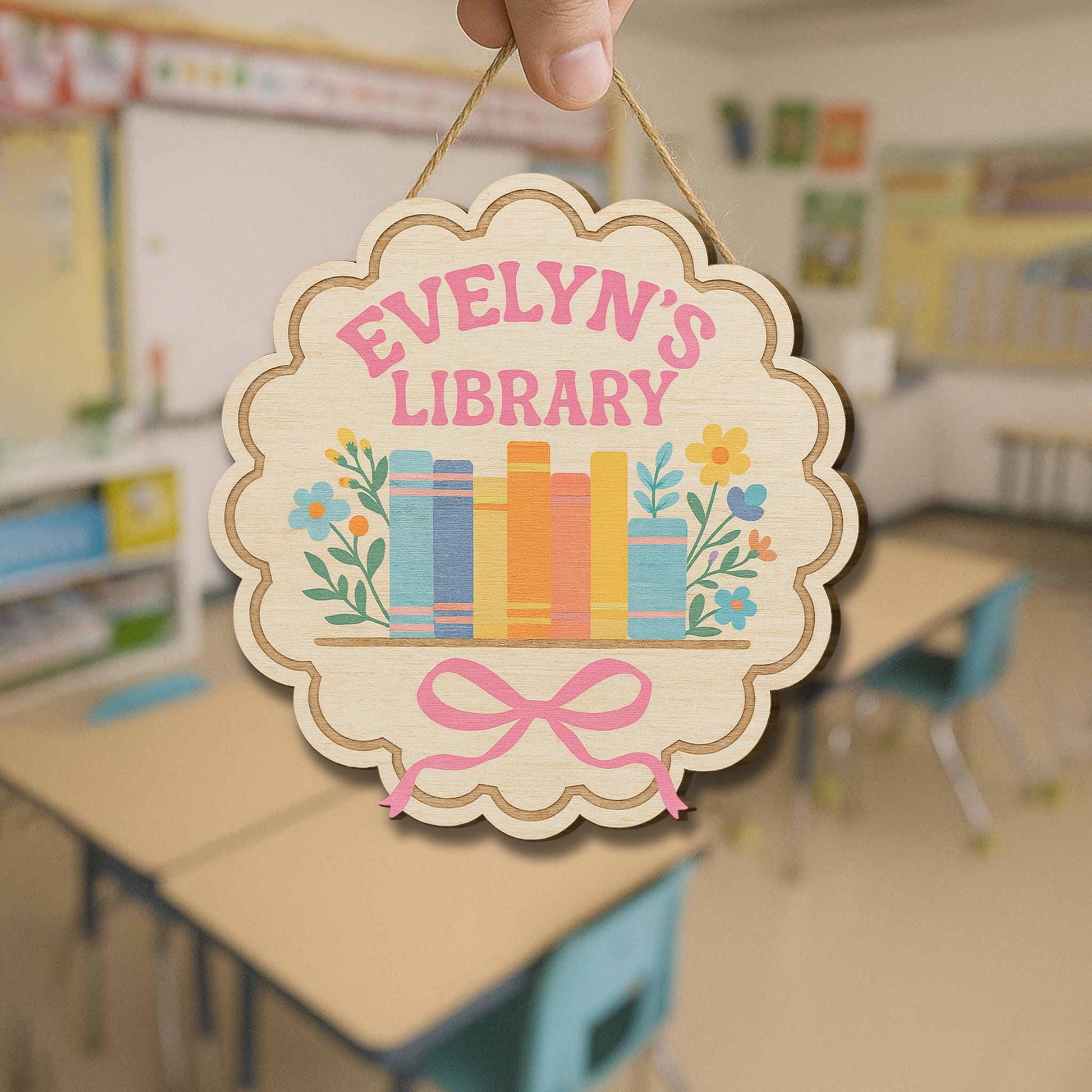 Personalized Library Wooden Sign, Kids Book Room Door Hanger, Custom Name Floral Decor, Reading Nook Wall Plaque, Book Lover Gift