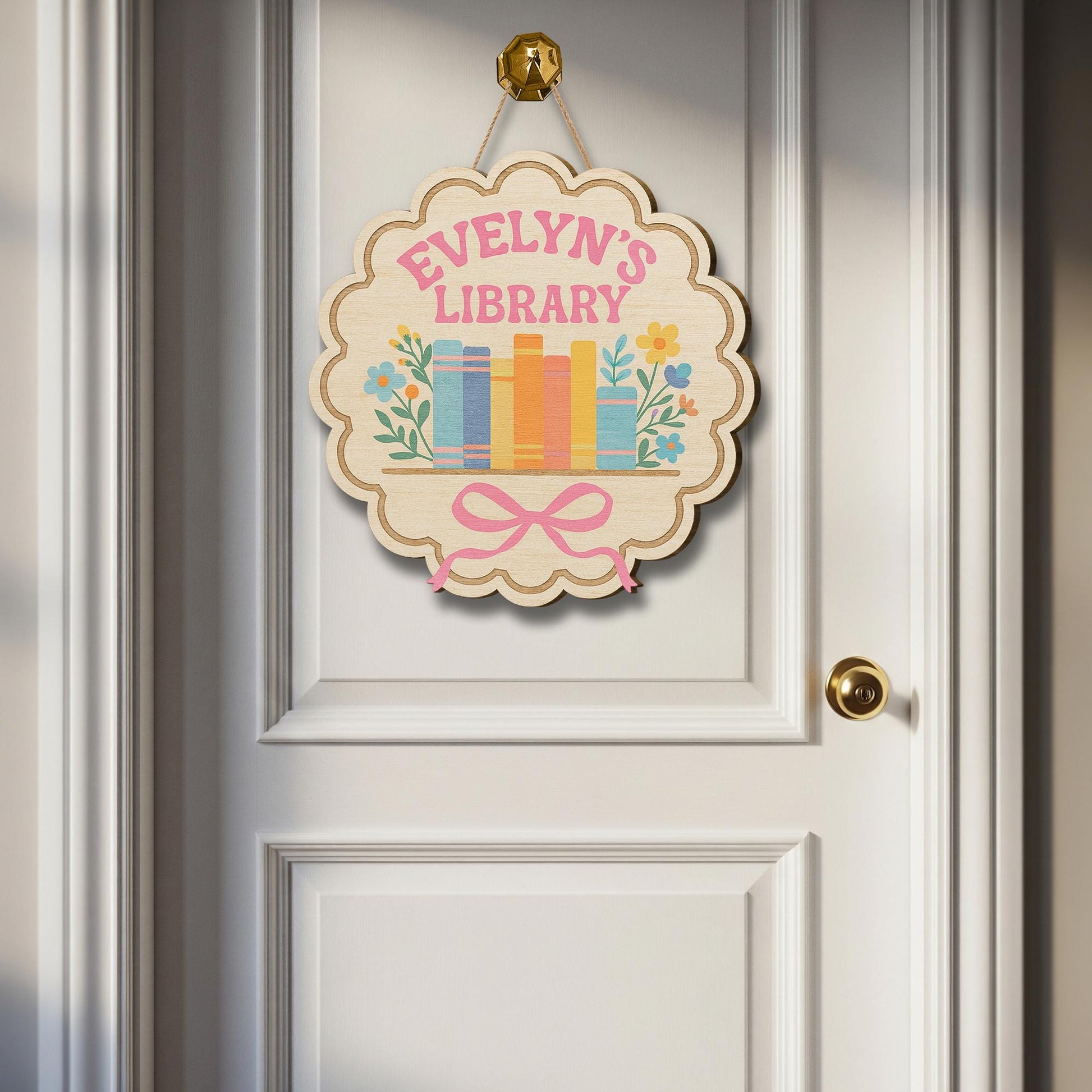 Personalized Library Wooden Sign, Kids Book Room Door Hanger, Custom Name Floral Decor, Reading Nook Wall Plaque, Book Lover Gift