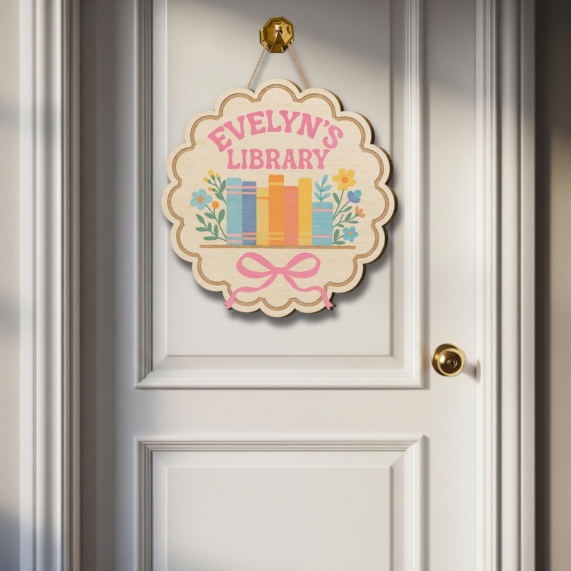 Personalized Library Wooden Sign, Kids Book Room Door Hanger, Custom Name Floral Decor, Reading Nook Wall Plaque, Book Lover Gift