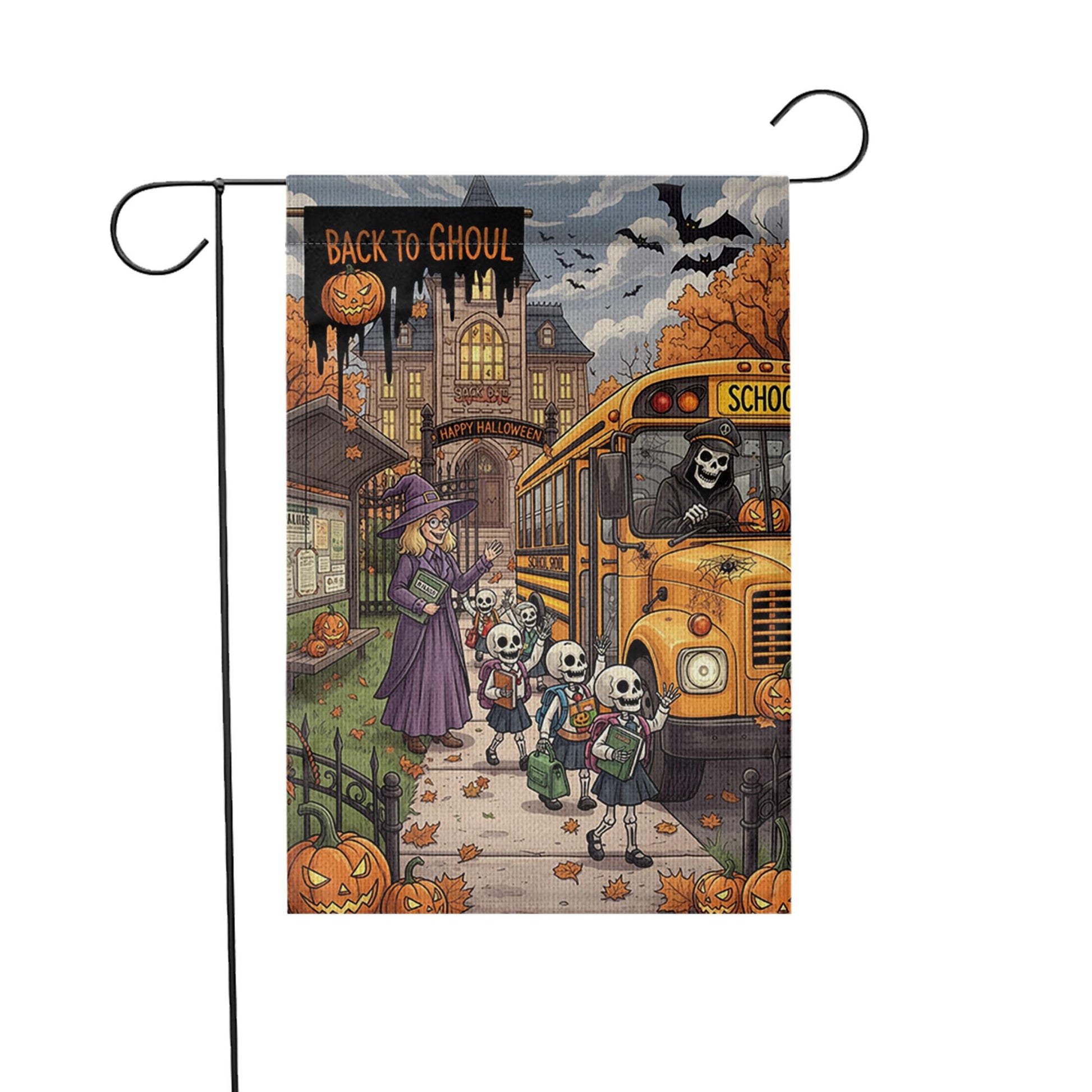 Back to Ghoul Garden Flag | Funny School Bus Skeleton Yard Banner | Spooky Teacher Halloween Decor | Fall Outdoor House Flag