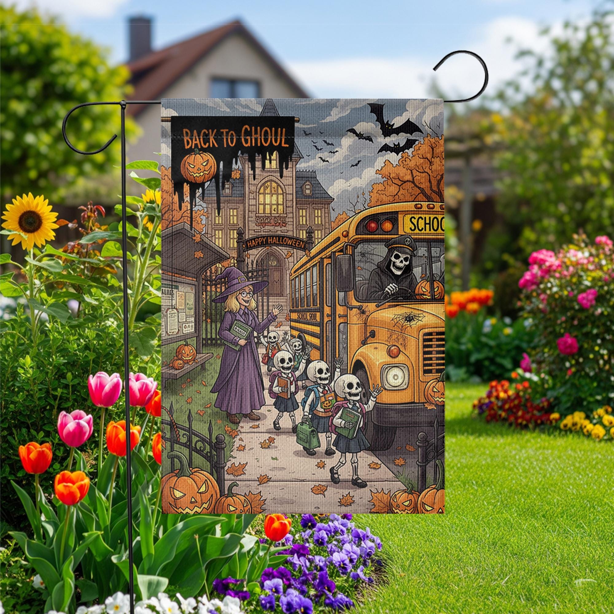 Back to Ghoul Garden Flag | Funny School Bus Skeleton Yard Banner | Spooky Teacher Halloween Decor | Fall Outdoor House Flag