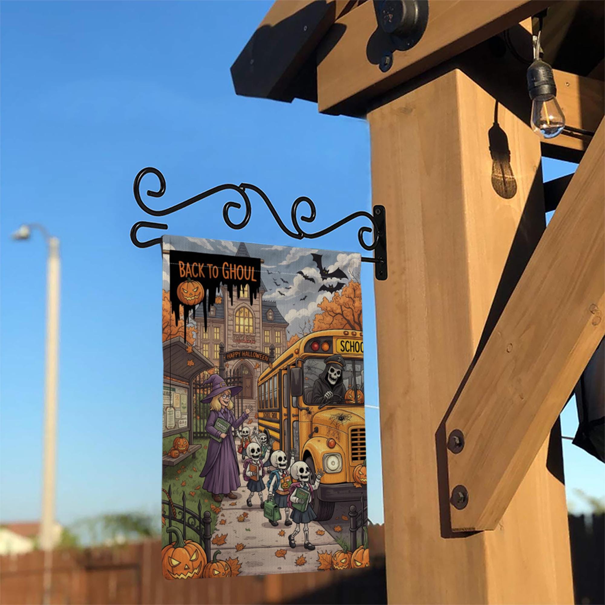 Back to Ghoul Garden Flag | Funny School Bus Skeleton Yard Banner | Spooky Teacher Halloween Decor | Fall Outdoor House Flag