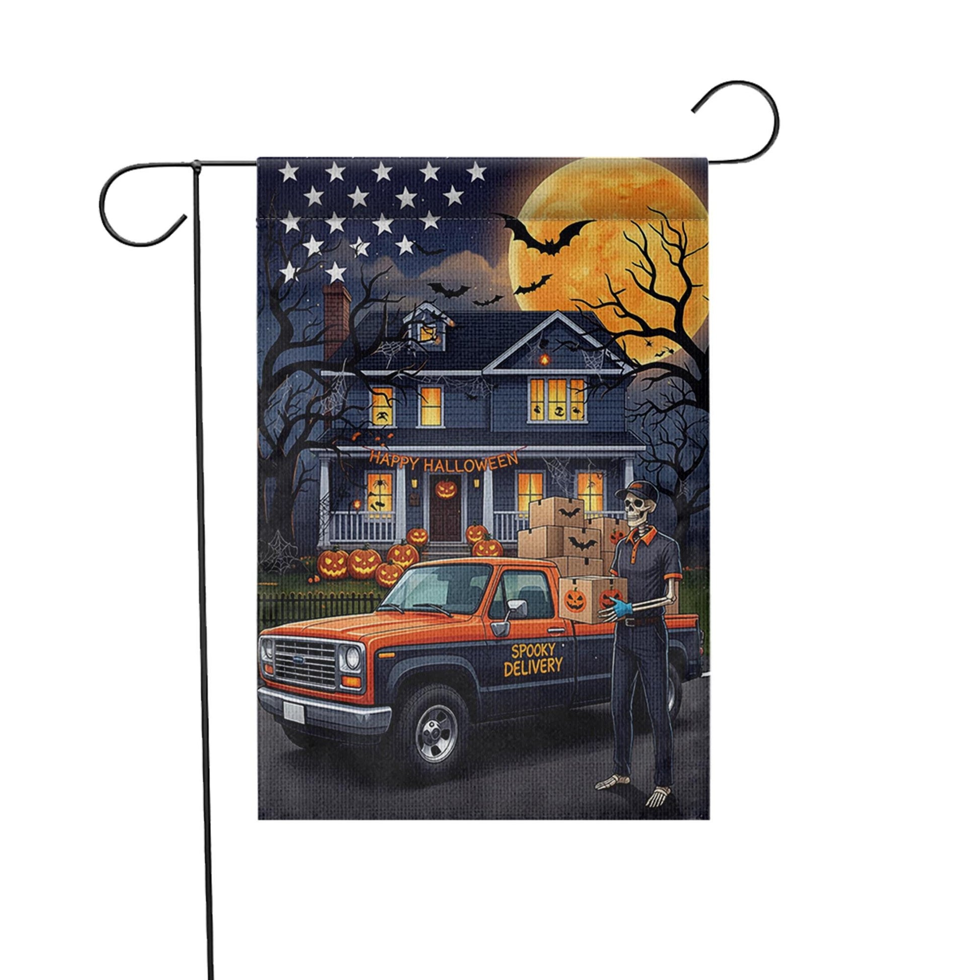 Spooky Delivery Halloween Garden Flag | Skeleton Delivery Driver Yard Banner | Funny Holiday House Outdoor Decor | Fall Porch Flag