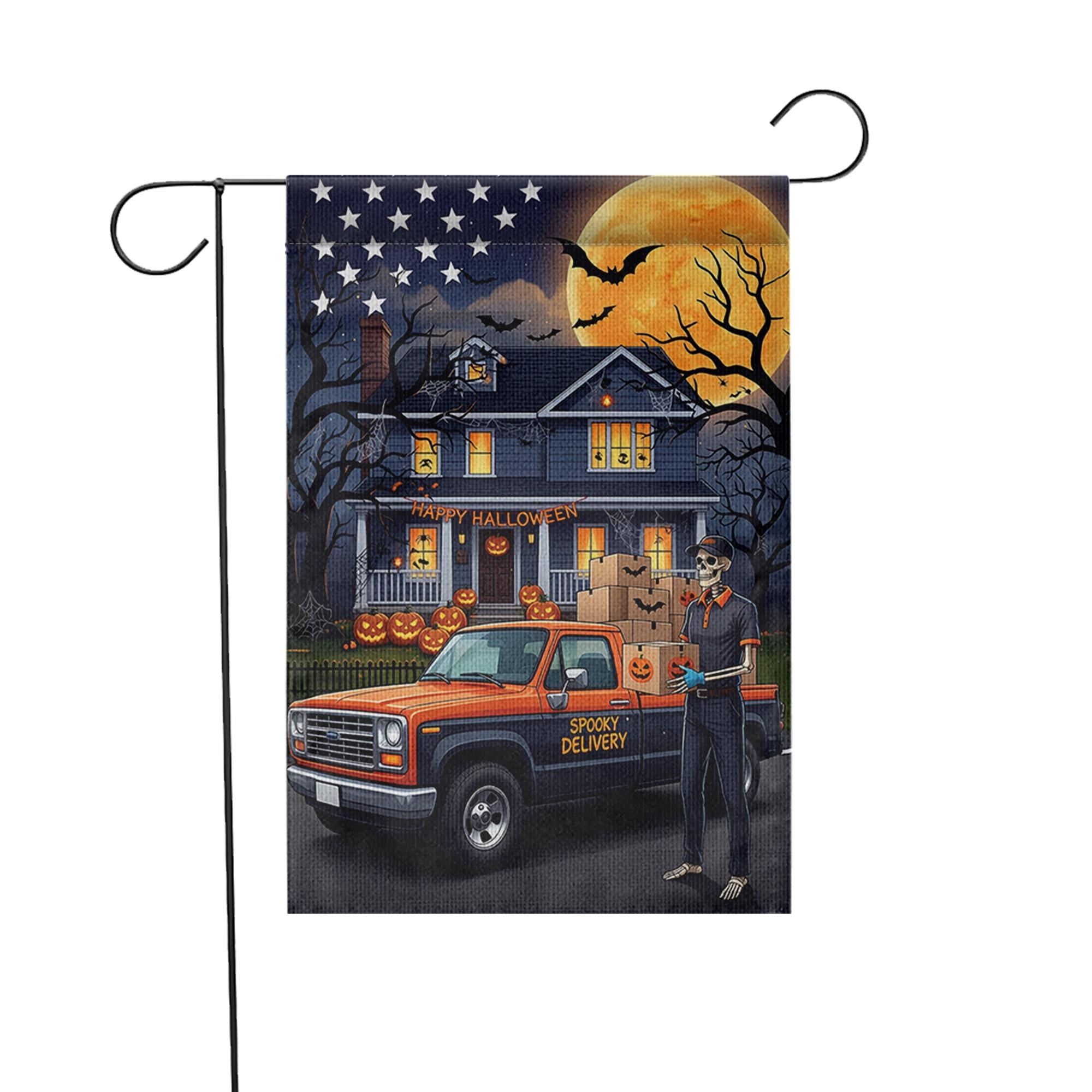 Spooky Delivery Halloween Garden Flag | Skeleton Delivery Driver Yard Banner | Funny Holiday House Outdoor Decor | Fall Porch Flag