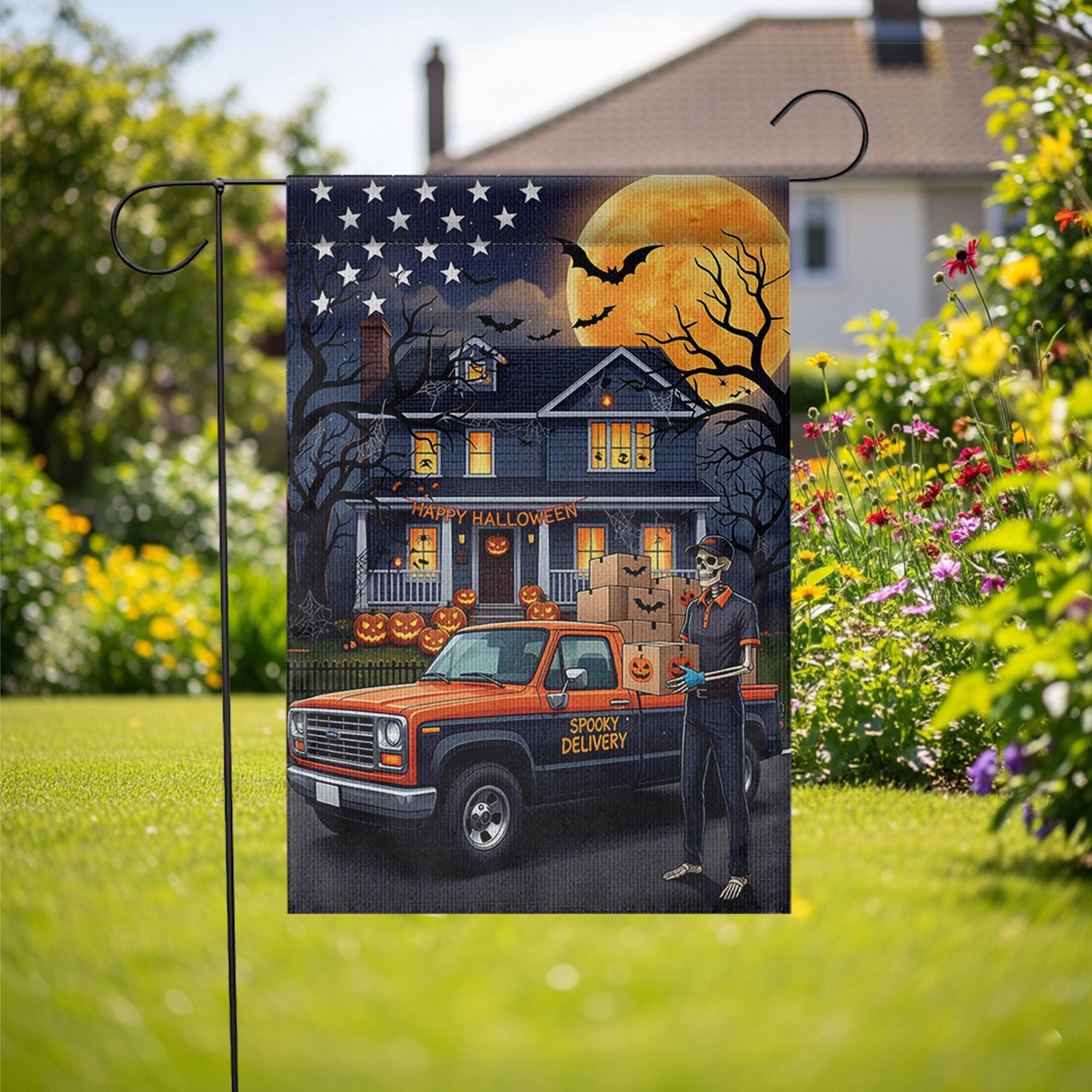 Spooky Delivery Halloween Garden Flag | Skeleton Delivery Driver Yard Banner | Funny Holiday House Outdoor Decor | Fall Porch Flag