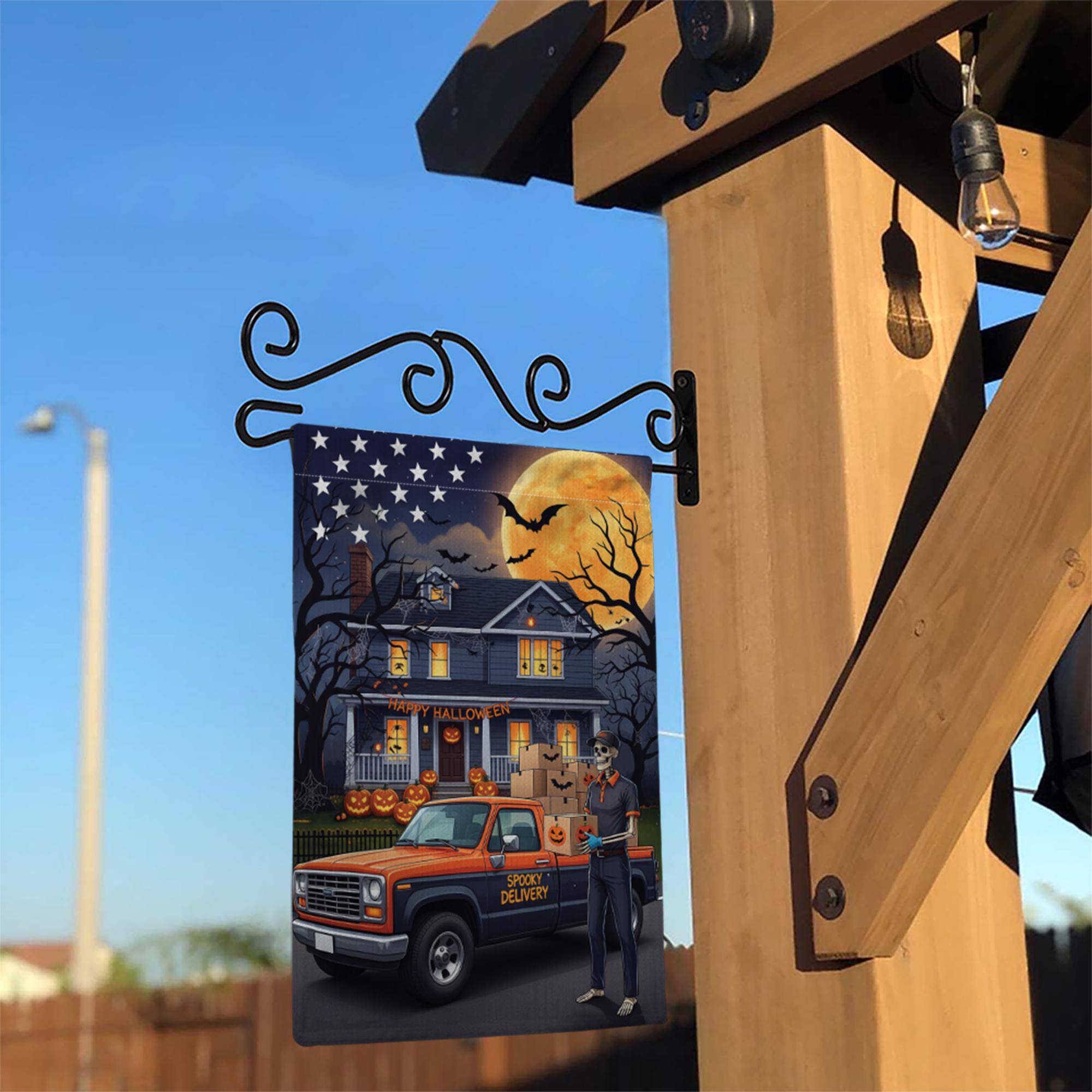 Spooky Delivery Halloween Garden Flag | Skeleton Delivery Driver Yard Banner | Funny Holiday House Outdoor Decor | Fall Porch Flag