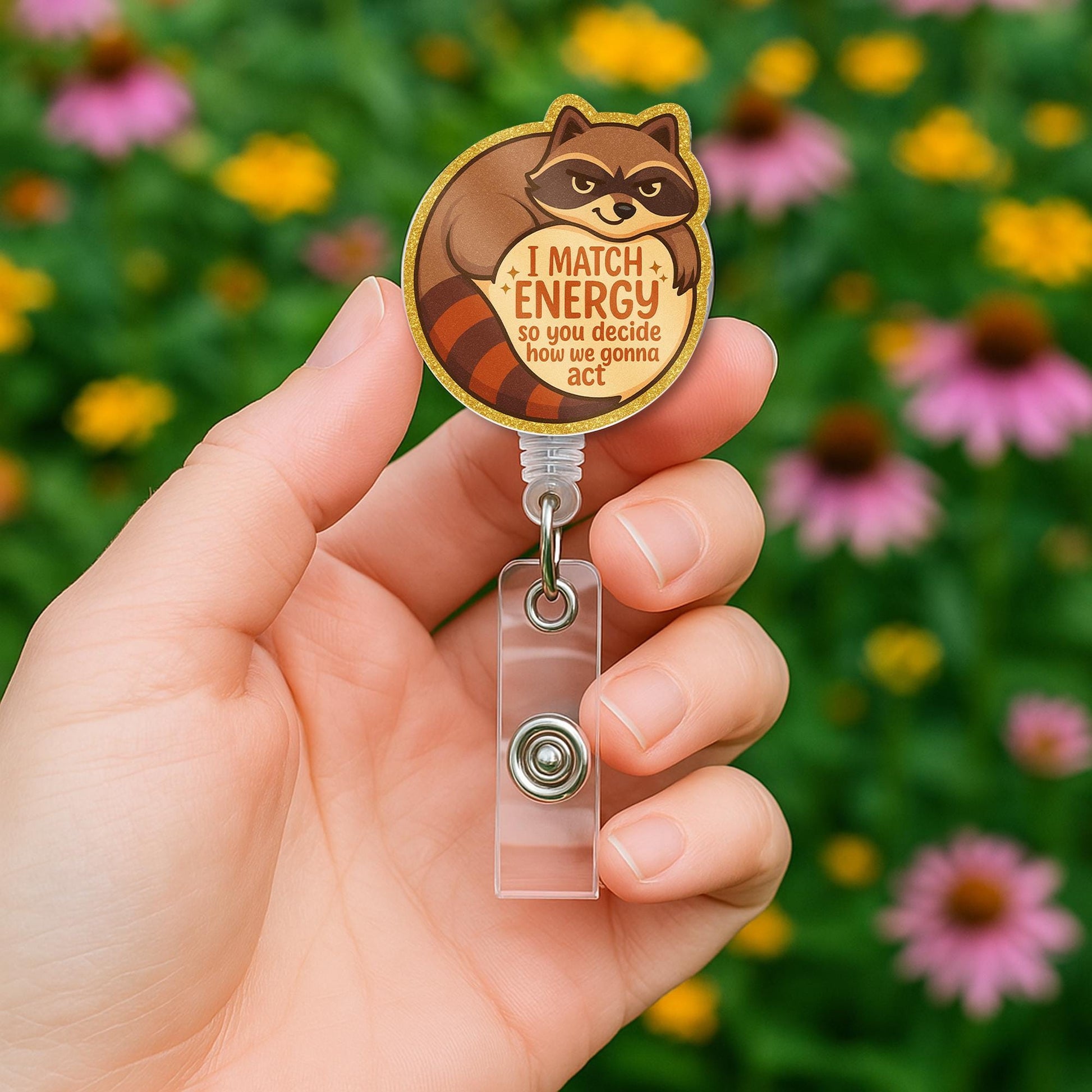 Funny Raccoon Badge Reel, I Match Energy ID Holder, Cute Animal Retractable Clip, Nurse Badge, Sassy Work Gift, Vet Tech Accessory