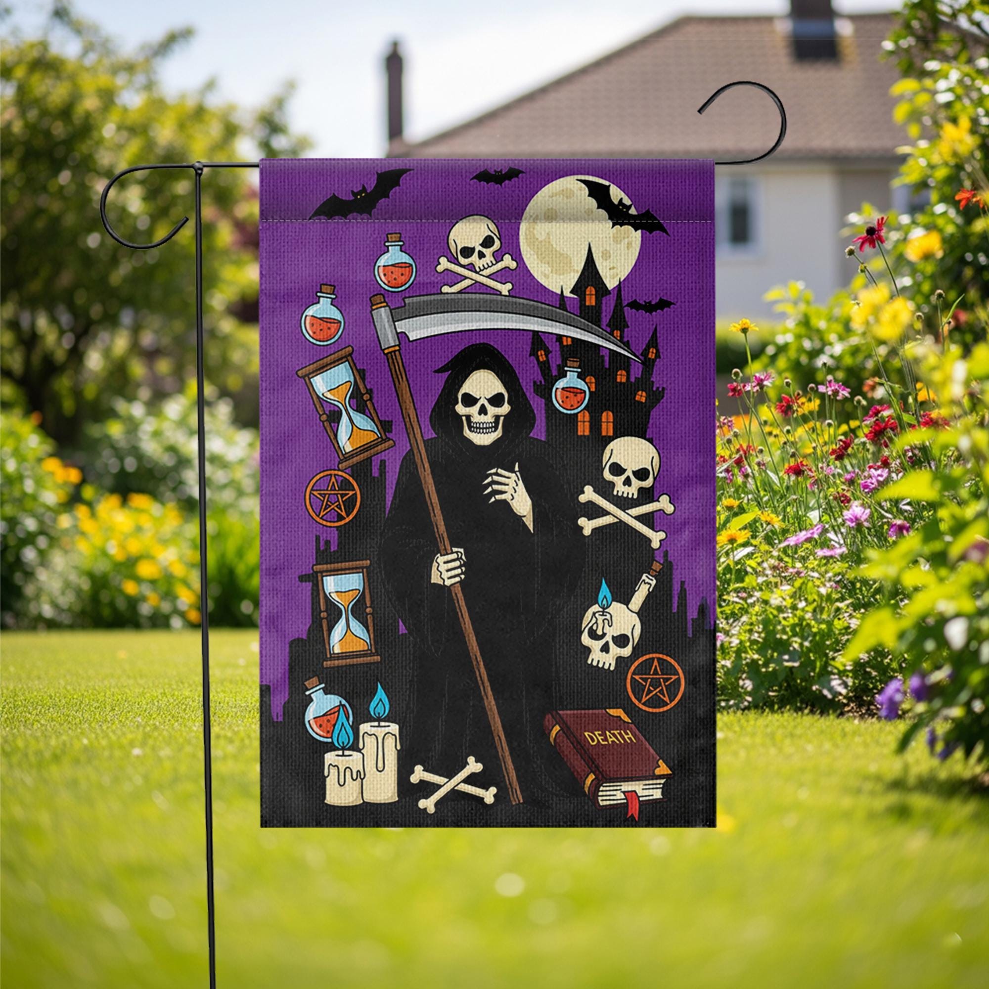 Grim Reaper Halloween Garden Flag | Spooky Skeleton Yard Banner | Gothic Outdoor Holiday Decor | Scary Fall House Flag