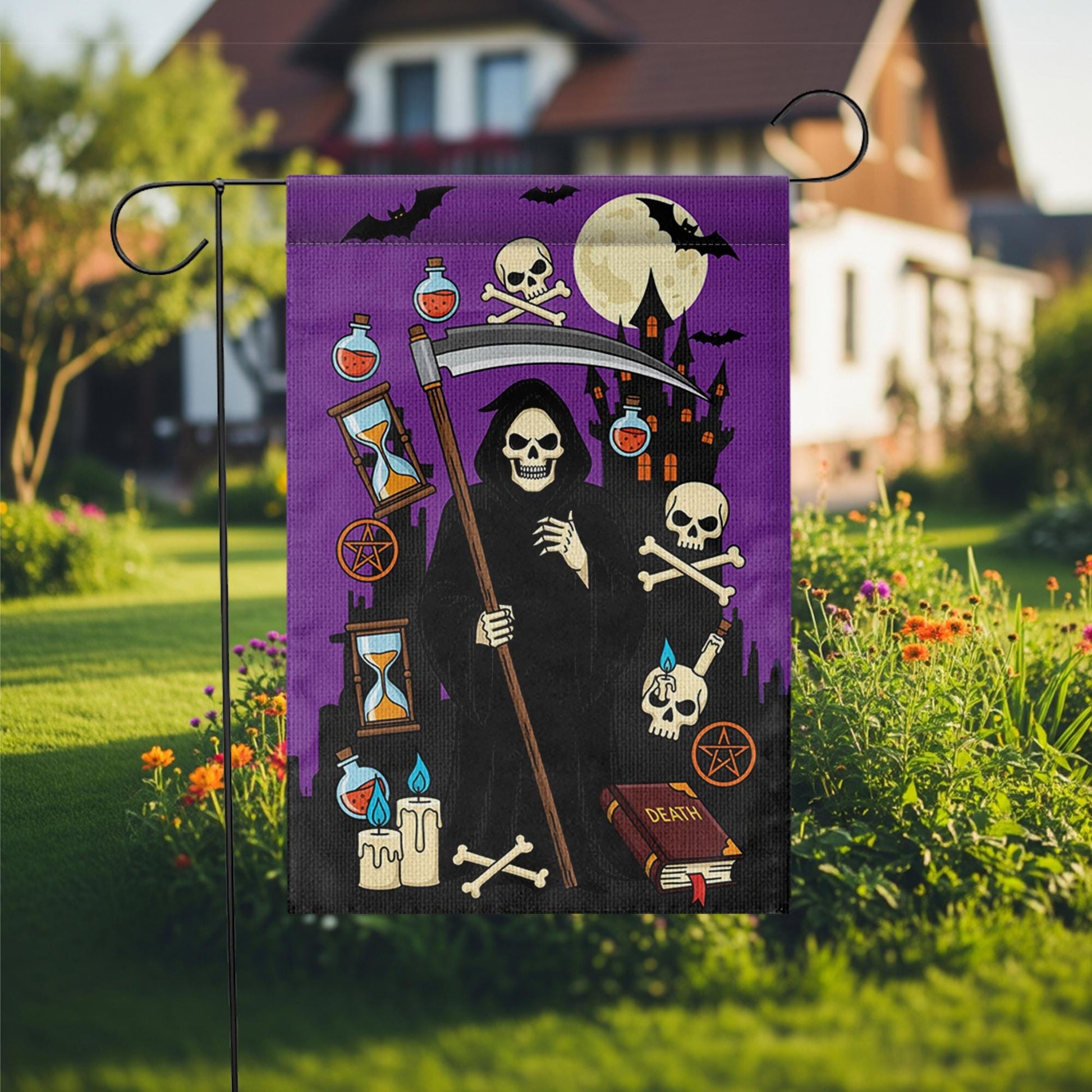 Grim Reaper Halloween Garden Flag | Spooky Skeleton Yard Banner | Gothic Outdoor Holiday Decor | Scary Fall House Flag
