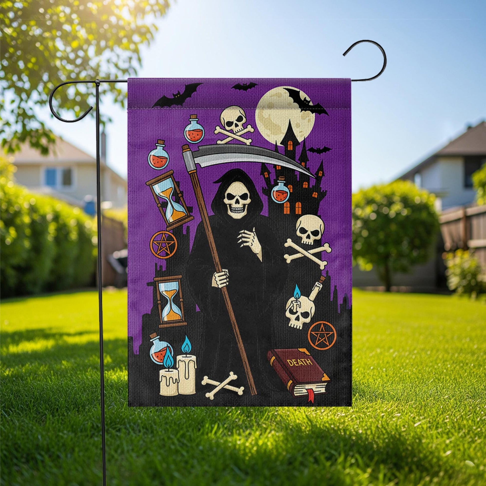 Grim Reaper Halloween Garden Flag | Spooky Skeleton Yard Banner | Gothic Outdoor Holiday Decor | Scary Fall House Flag