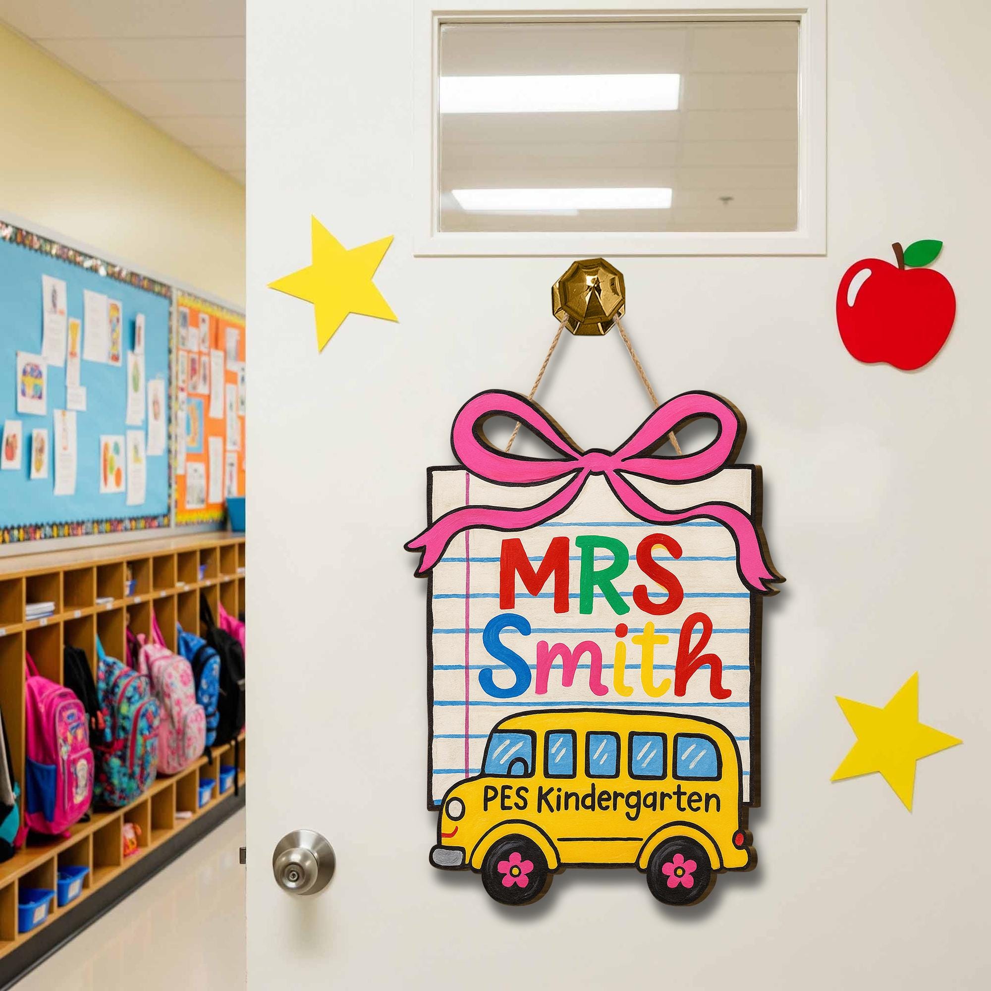 Custom Teacher Door Sign, School Bus Classroom Wooden Hanger, Kindergarten Name Plaque, Back to School Decor for Teachers