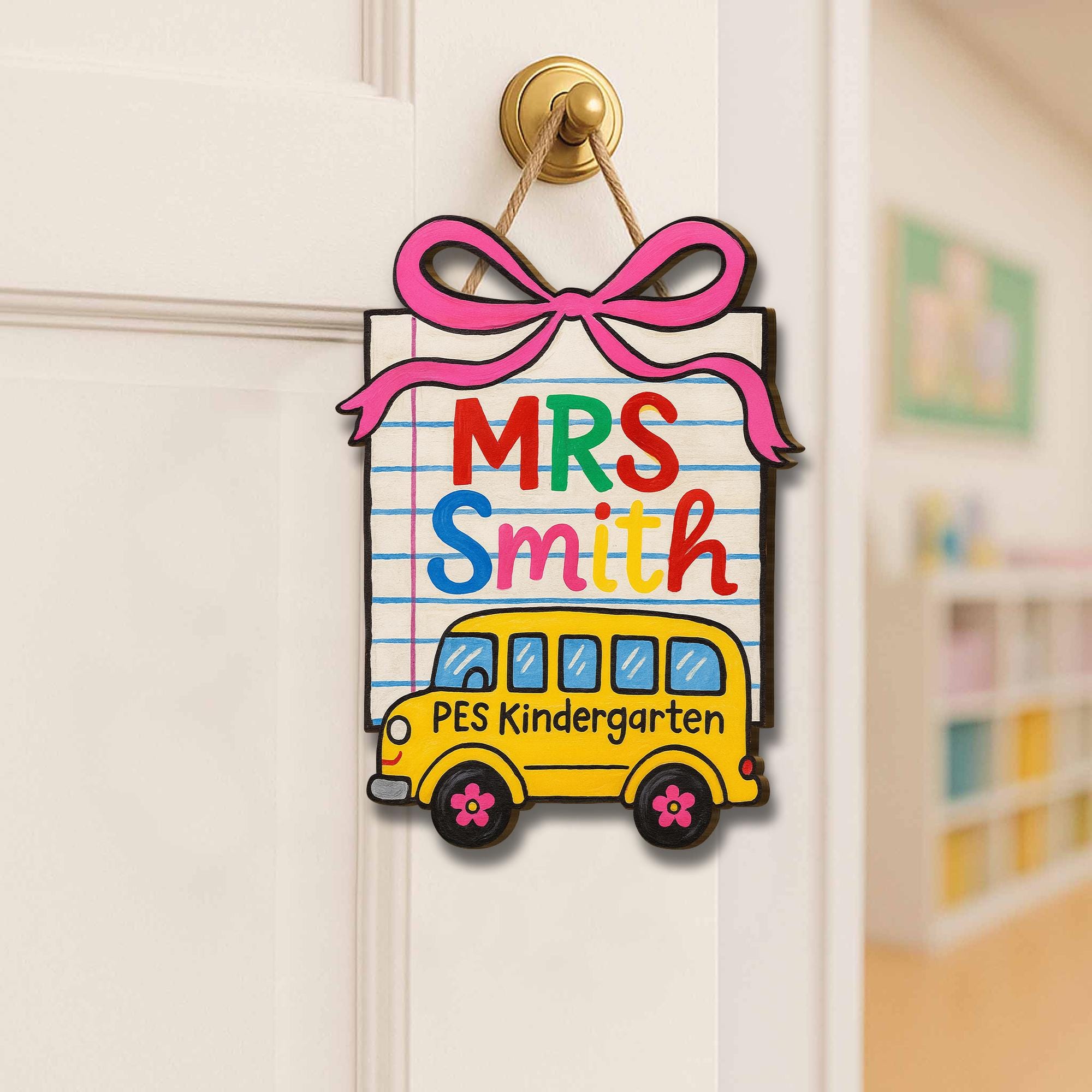Custom Teacher Door Sign, School Bus Classroom Wooden Hanger, Kindergarten Name Plaque, Back to School Decor for Teachers