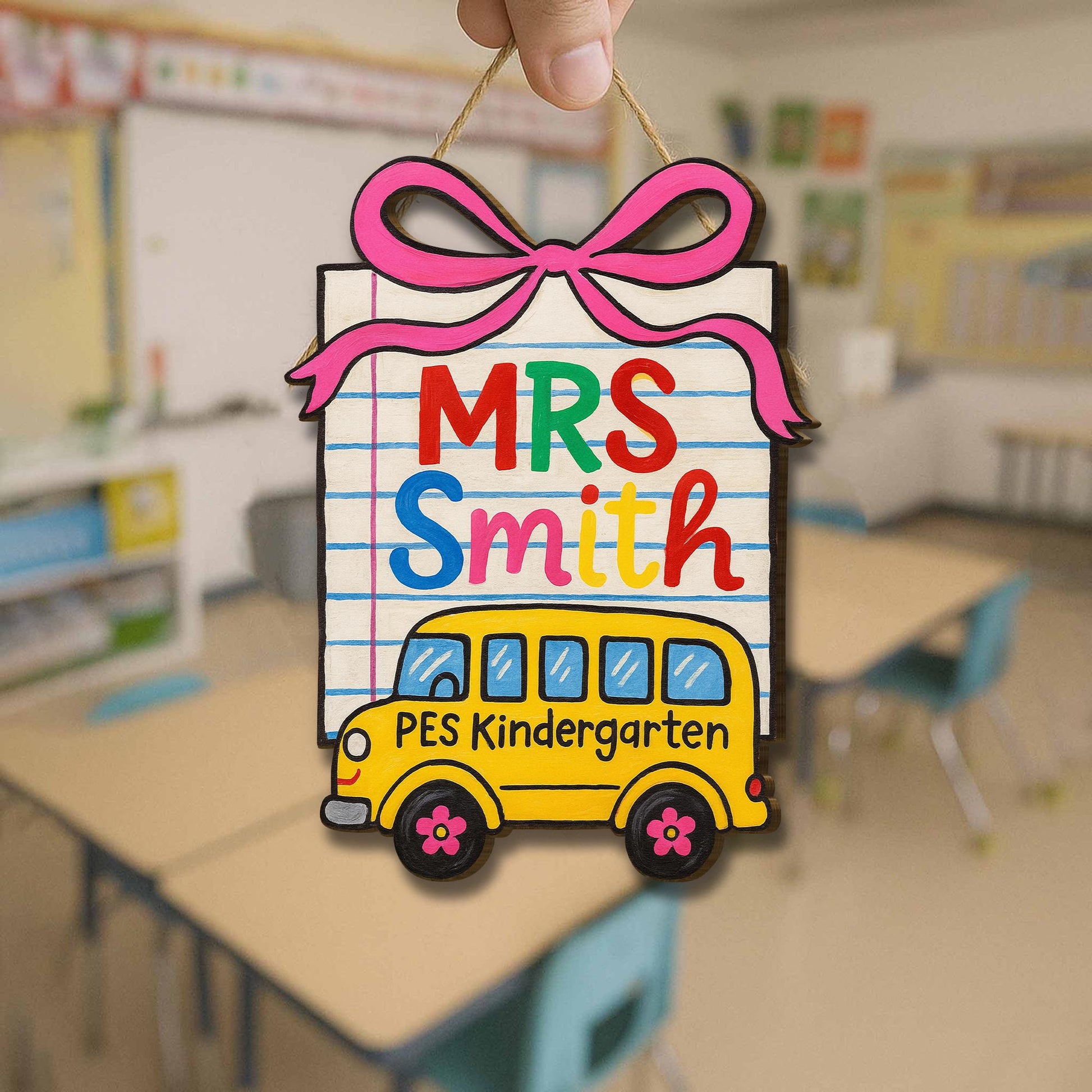 Custom Teacher Door Sign, School Bus Classroom Wooden Hanger, Kindergarten Name Plaque, Back to School Decor for Teachers