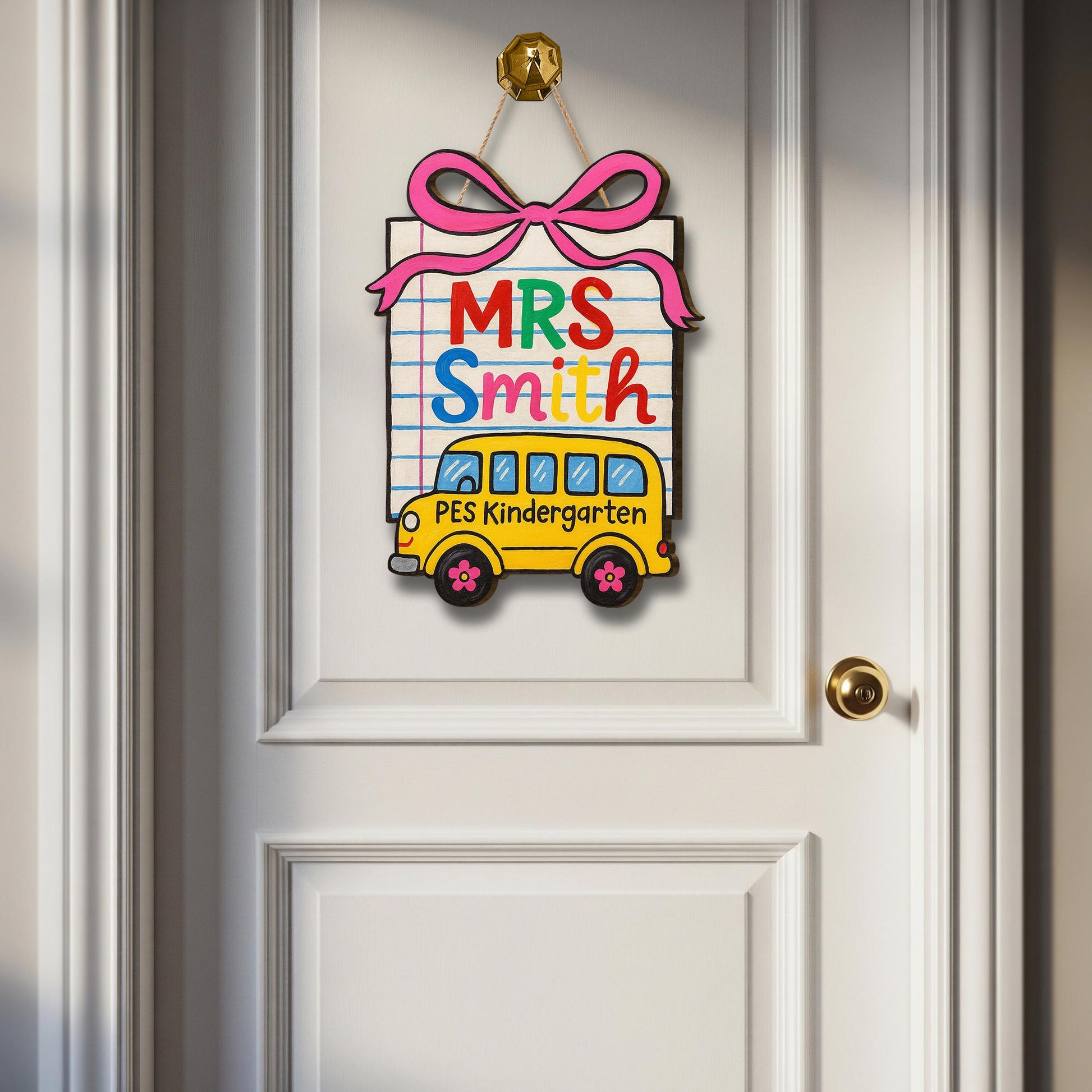 Custom Teacher Door Sign, School Bus Classroom Wooden Hanger, Kindergarten Name Plaque, Back to School Decor for Teachers