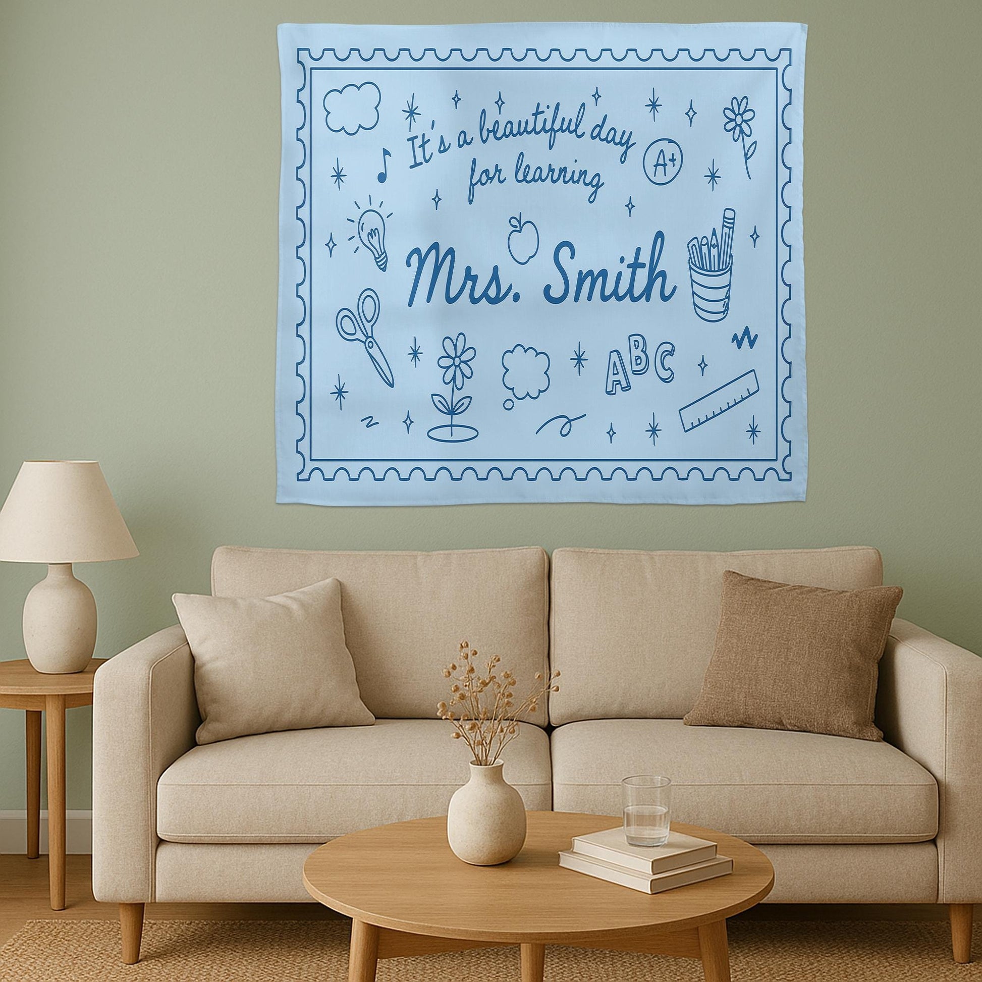 Personalized Teacher Tapestry, Classroom Wall Decor with Name, It's a Beautiful Day for Learning Banner, Teacher Backdrop Sign