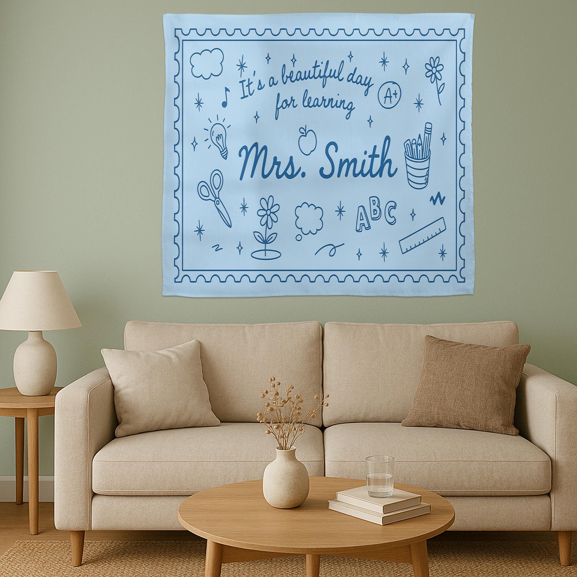 Personalized Teacher Tapestry, Classroom Wall Decor with Name, It's a Beautiful Day for Learning Banner, Teacher Backdrop Sign