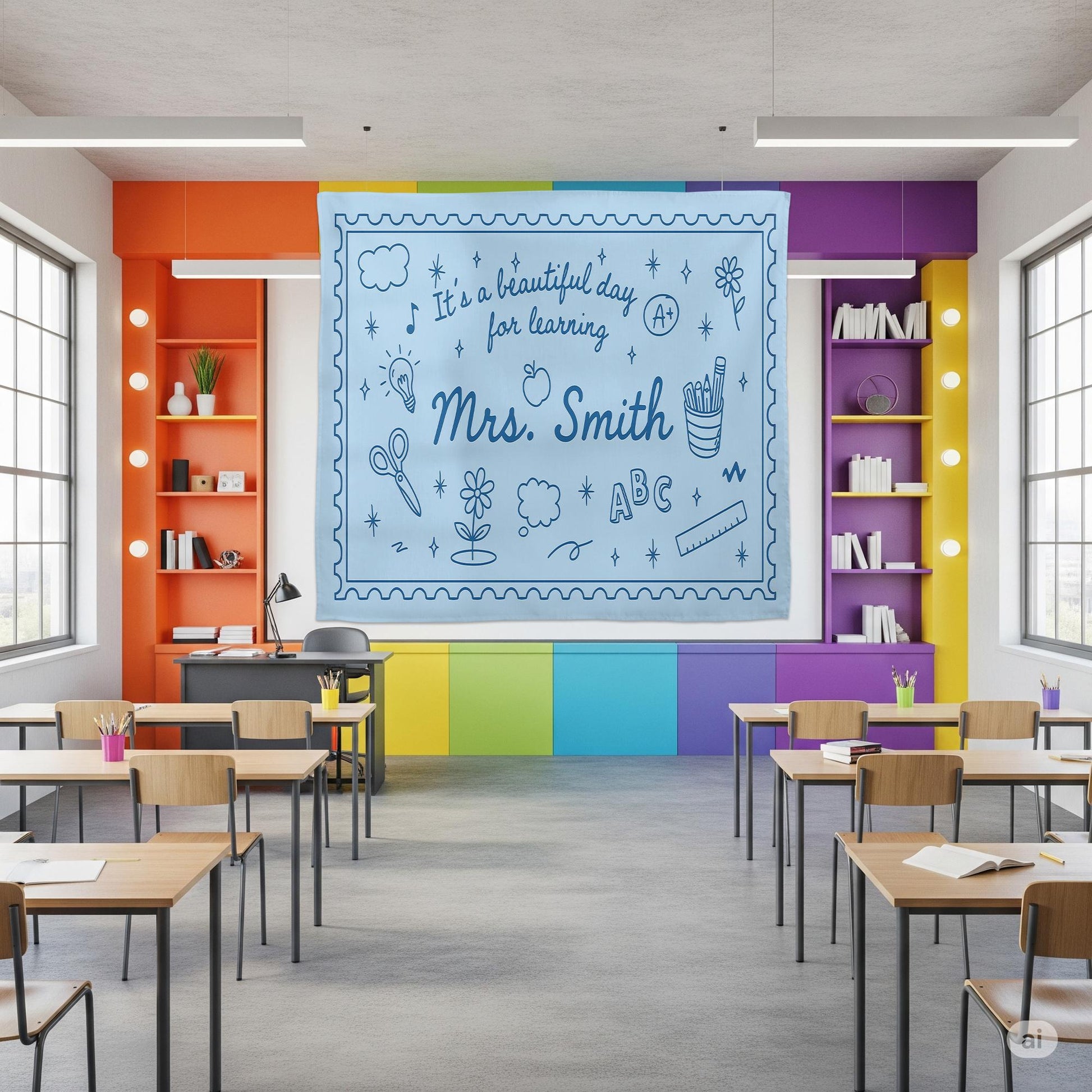 Personalized Teacher Tapestry, Classroom Wall Decor with Name, It's a Beautiful Day for Learning Banner, Teacher Backdrop Sign