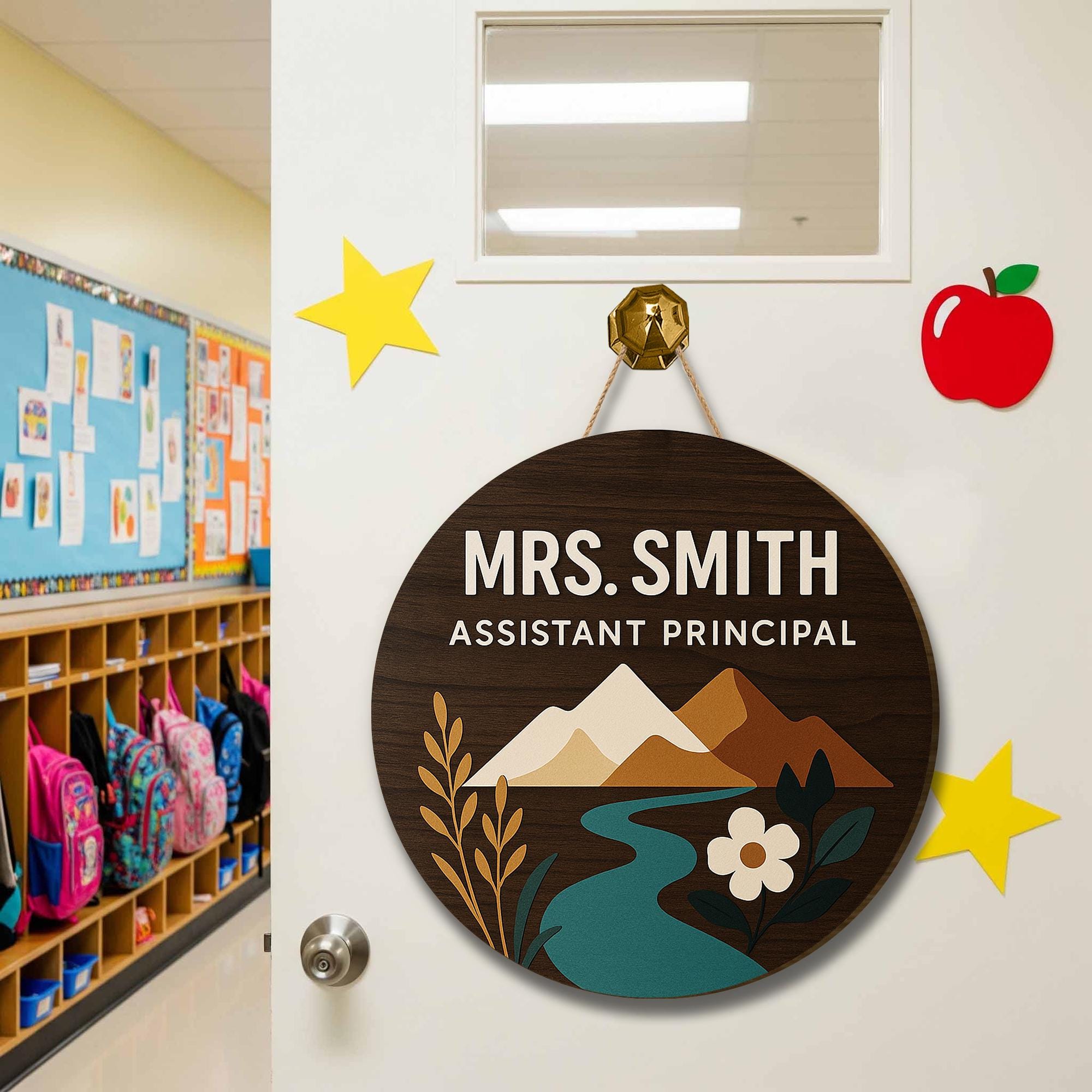 Assistant Principal Door Sign, Custom Name Round Wooden Plaque, School Office Decor, Mountain Nature Design, Staff Gift Idea
