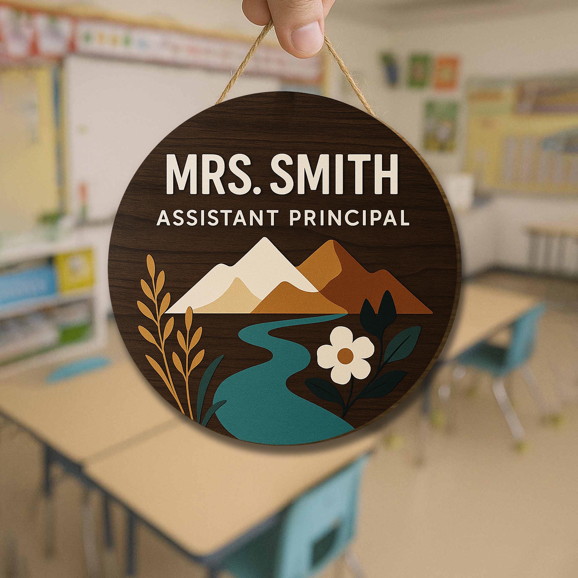 Assistant Principal Door Sign, Custom Name Round Wooden Plaque, School Office Decor, Mountain Nature Design, Staff Gift Idea