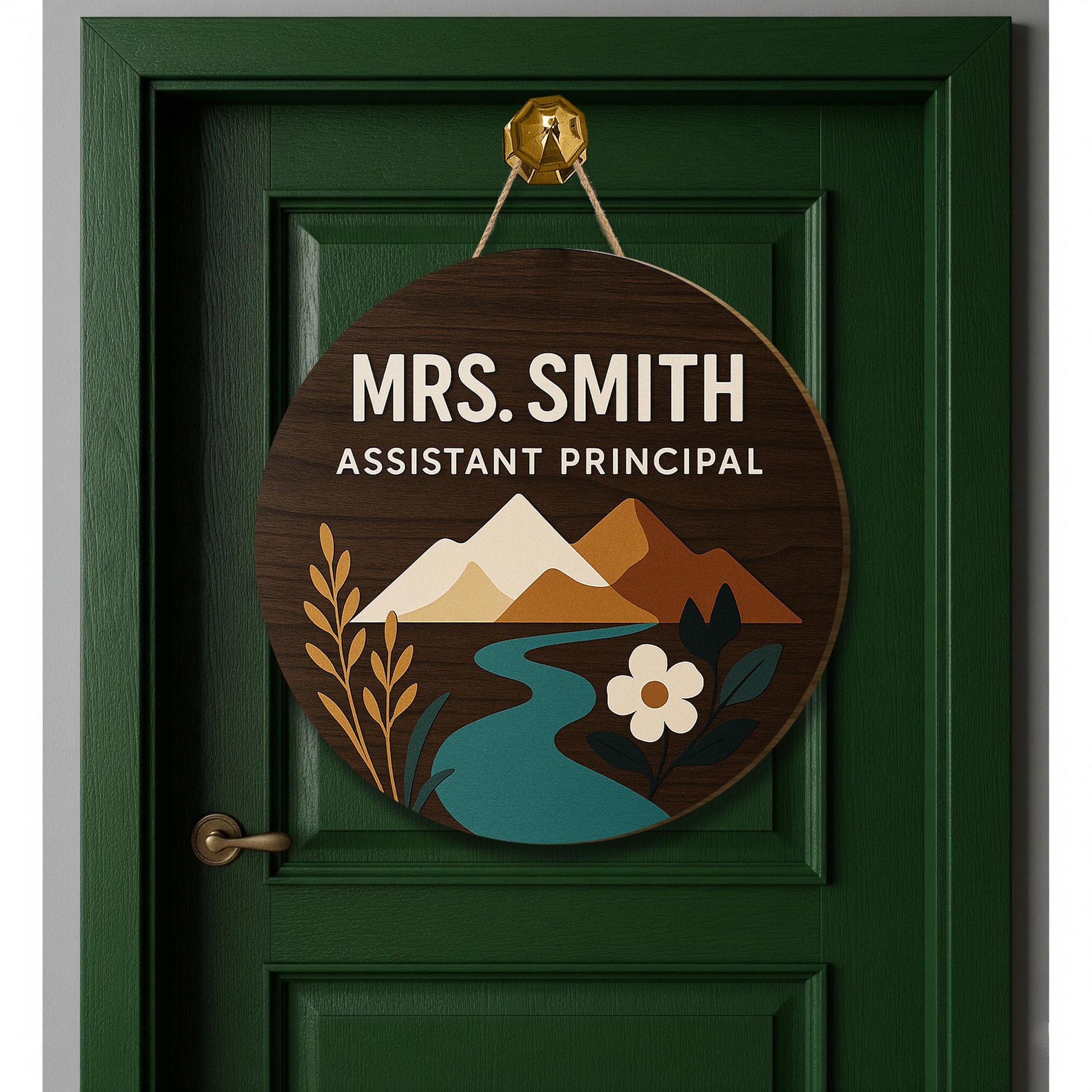 Assistant Principal Door Sign, Custom Name Round Wooden Plaque, School Office Decor, Mountain Nature Design, Staff Gift Idea