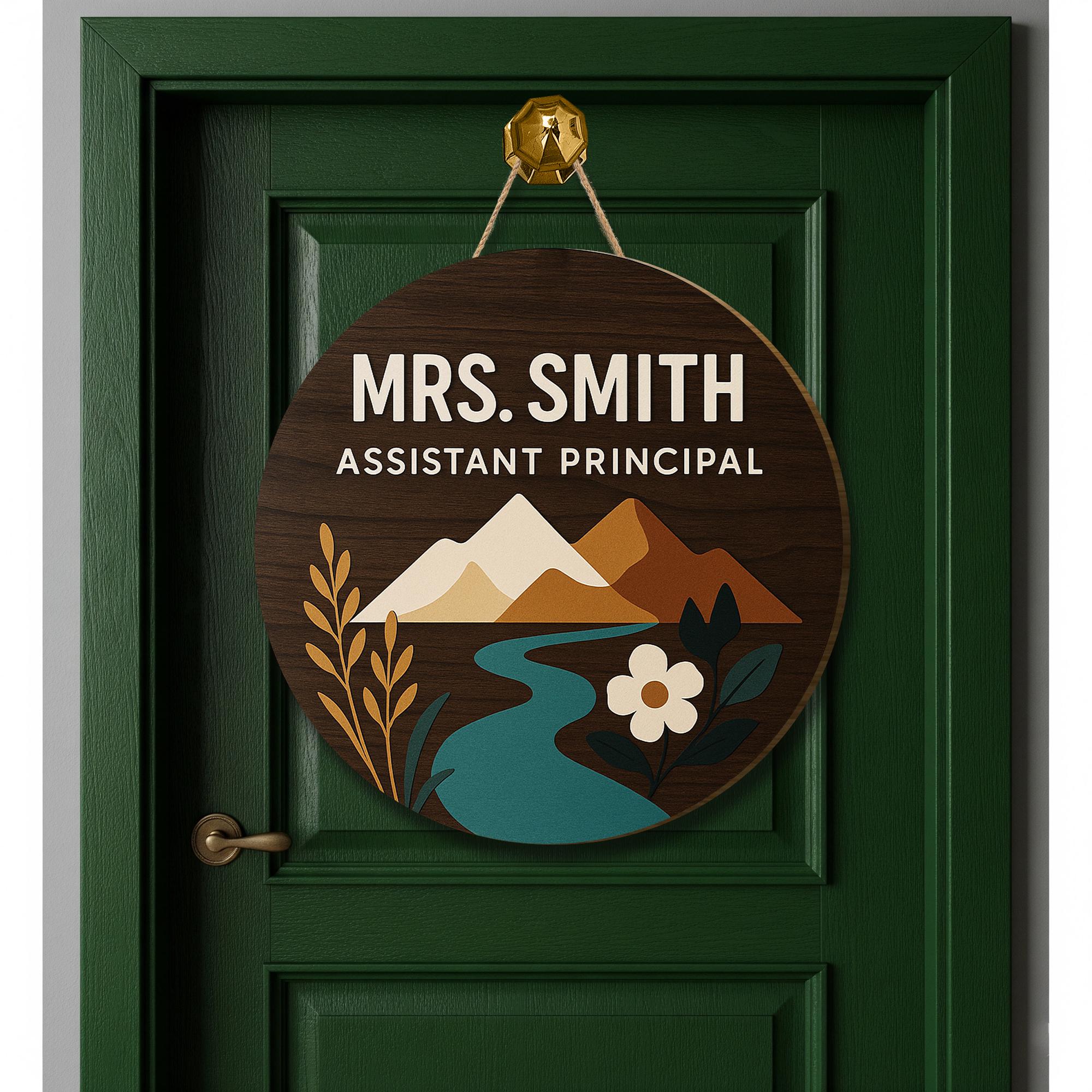 Assistant Principal Door Sign, Custom Name Round Wooden Plaque, School Office Decor, Mountain Nature Design, Staff Gift Idea