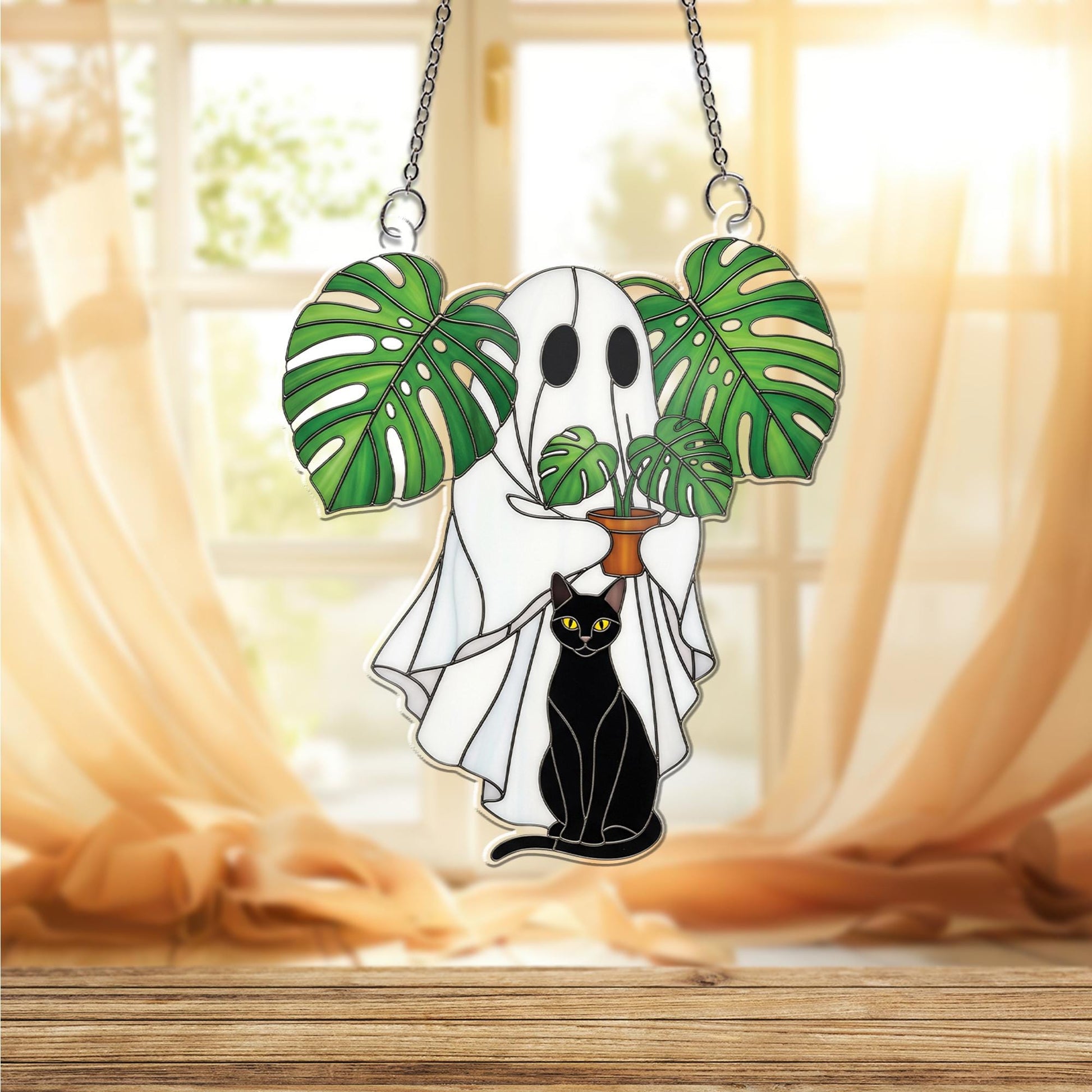 Ghost and Black Cat ACRYLIC Window Hanging – Monstera Plant Window Decor – Spooky Cute Halloween Ghost Window Hanging, Ghost Plant Art