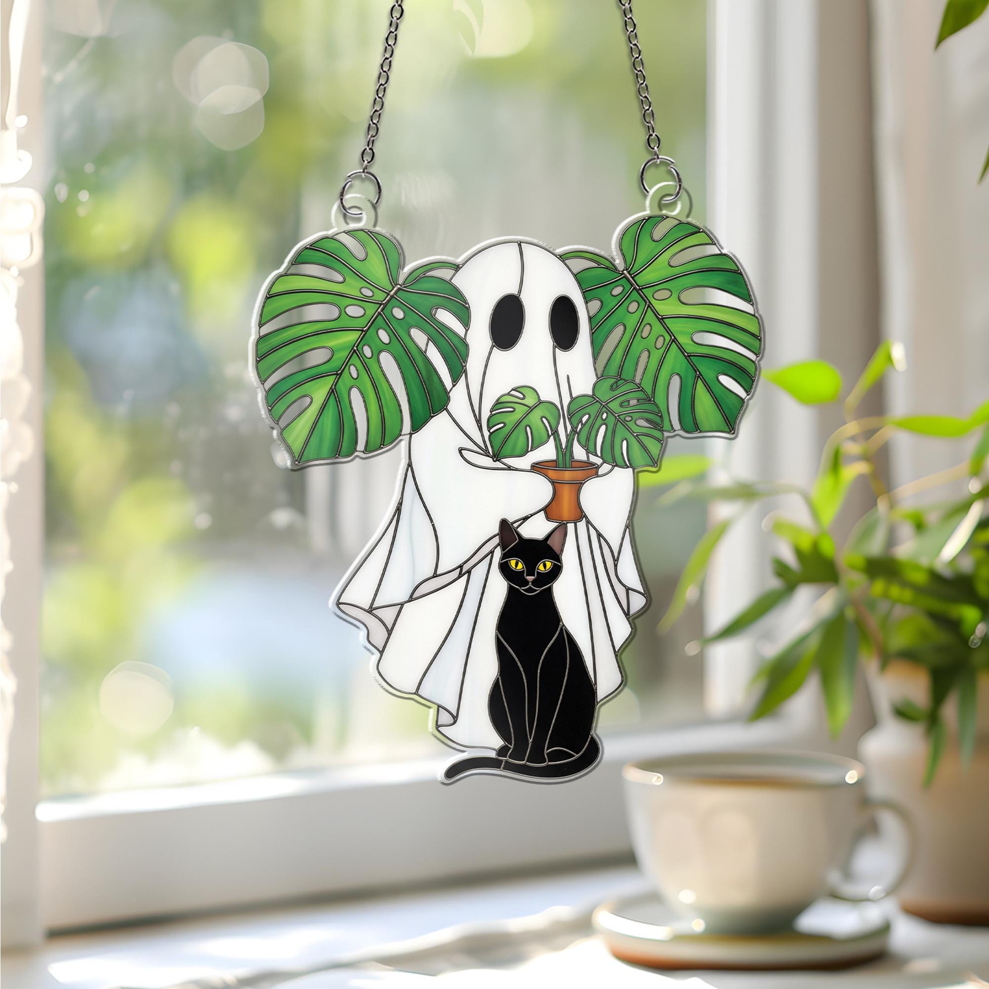 Ghost and Black Cat ACRYLIC Window Hanging – Monstera Plant Window Decor – Spooky Cute Halloween Ghost Window Hanging, Ghost Plant Art