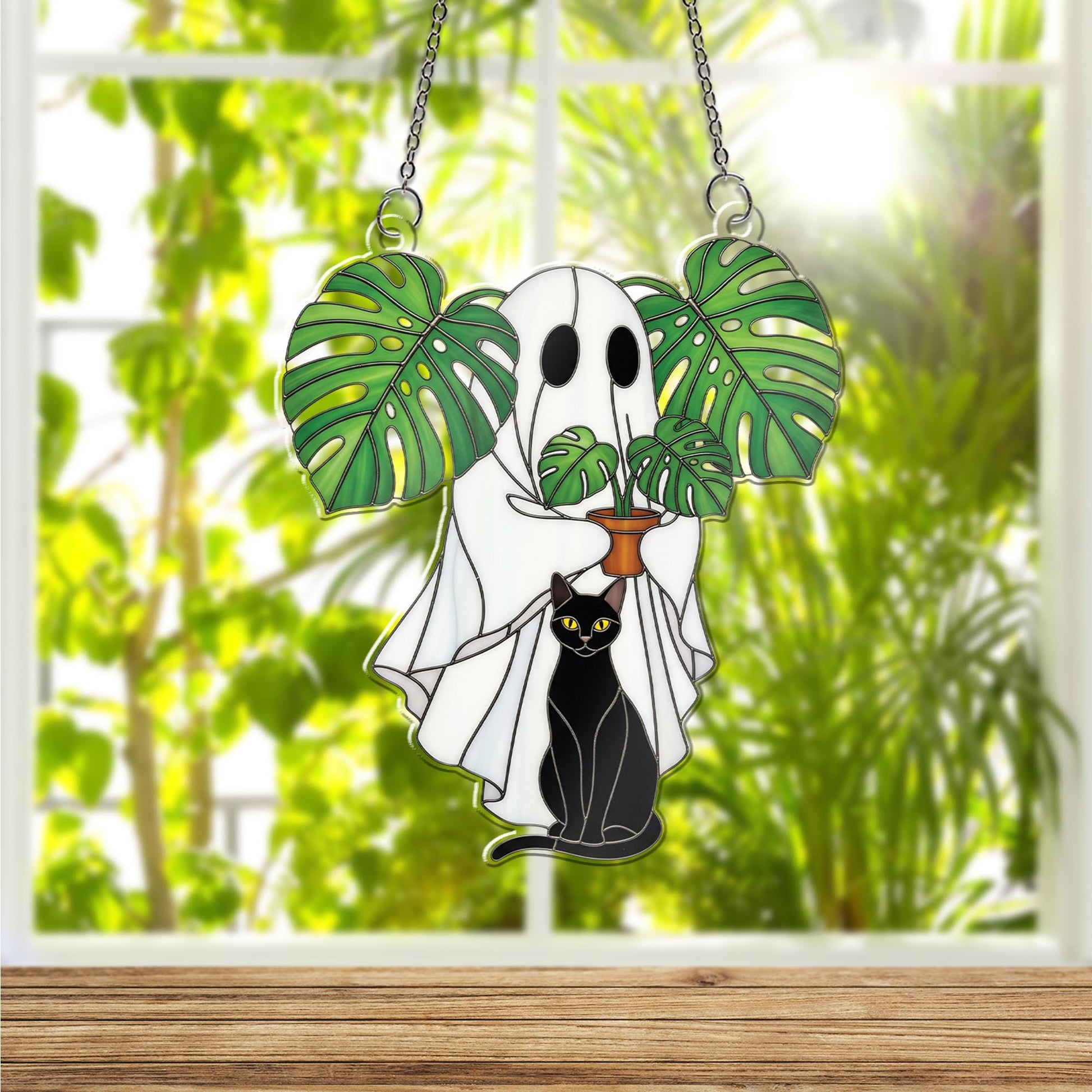 Ghost and Black Cat ACRYLIC Window Hanging – Monstera Plant Window Decor – Spooky Cute Halloween Ghost Window Hanging, Ghost Plant Art