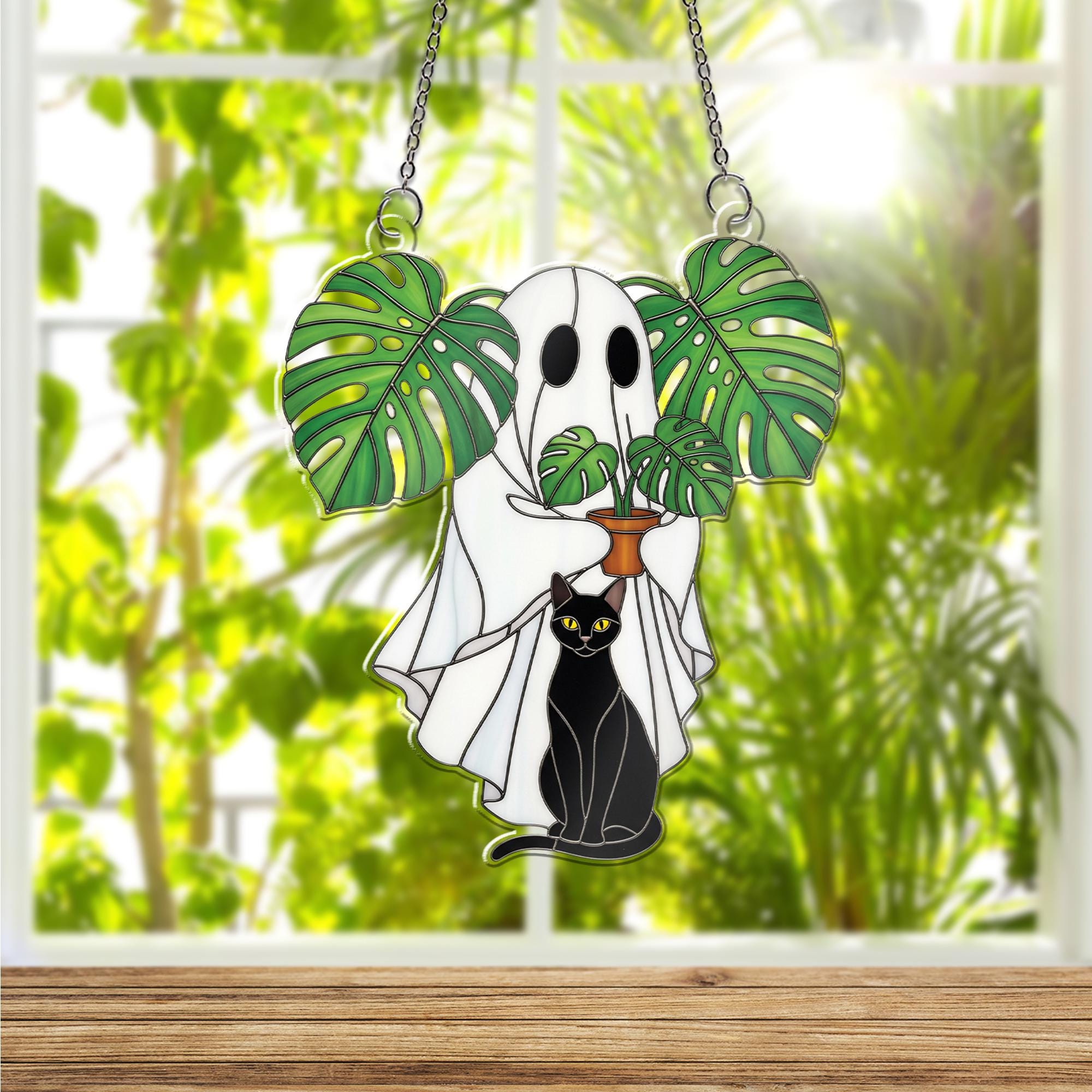 Ghost and Black Cat ACRYLIC Window Hanging – Monstera Plant Window Decor – Spooky Cute Halloween Ghost Window Hanging, Ghost Plant Art