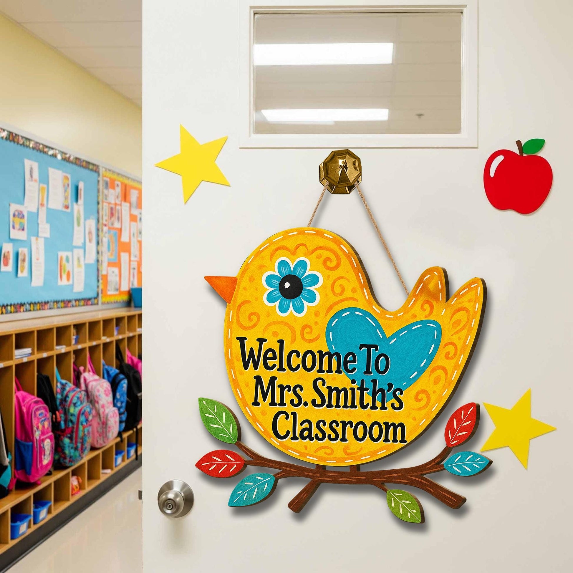 Welcome to Classroom Wooden Sign, Bird Teacher Door Hanger, Colorful Custom Name Plaque, Back to School Classroom Decor Gift