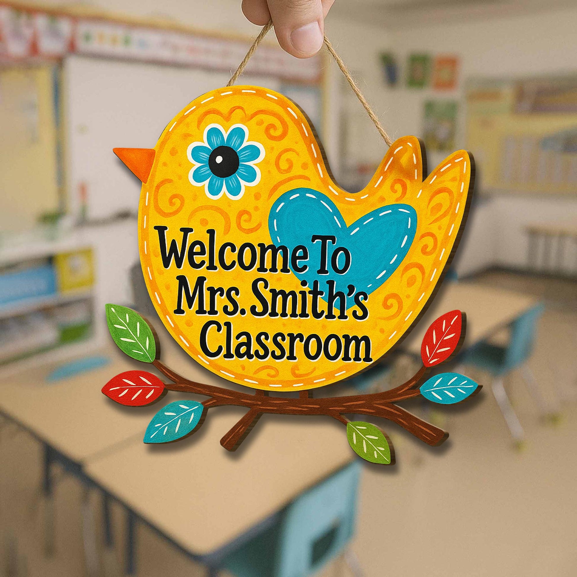 Welcome to Classroom Wooden Sign, Bird Teacher Door Hanger, Colorful Custom Name Plaque, Back to School Classroom Decor Gift