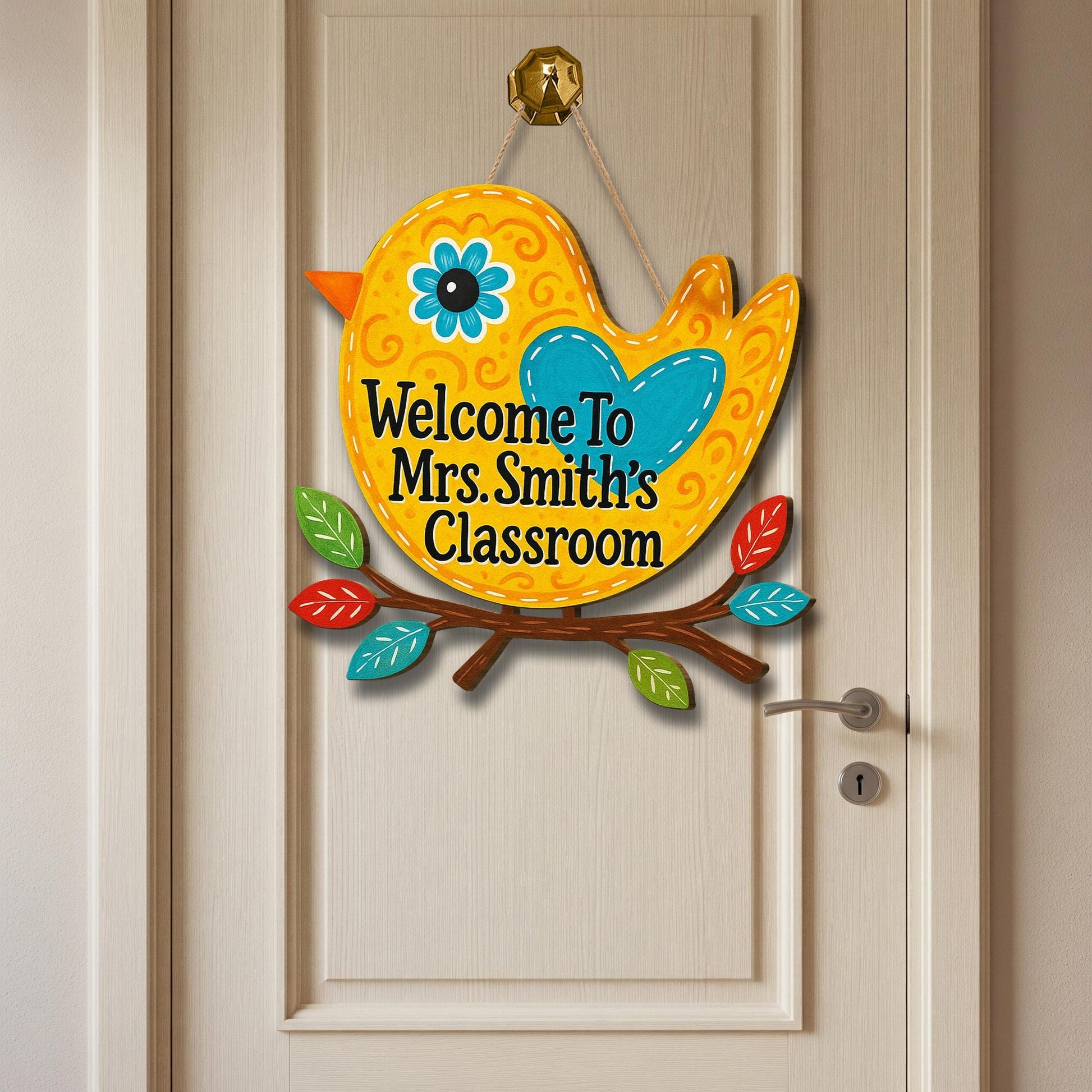 Welcome to Classroom Wooden Sign, Bird Teacher Door Hanger, Colorful Custom Name Plaque, Back to School Classroom Decor Gift