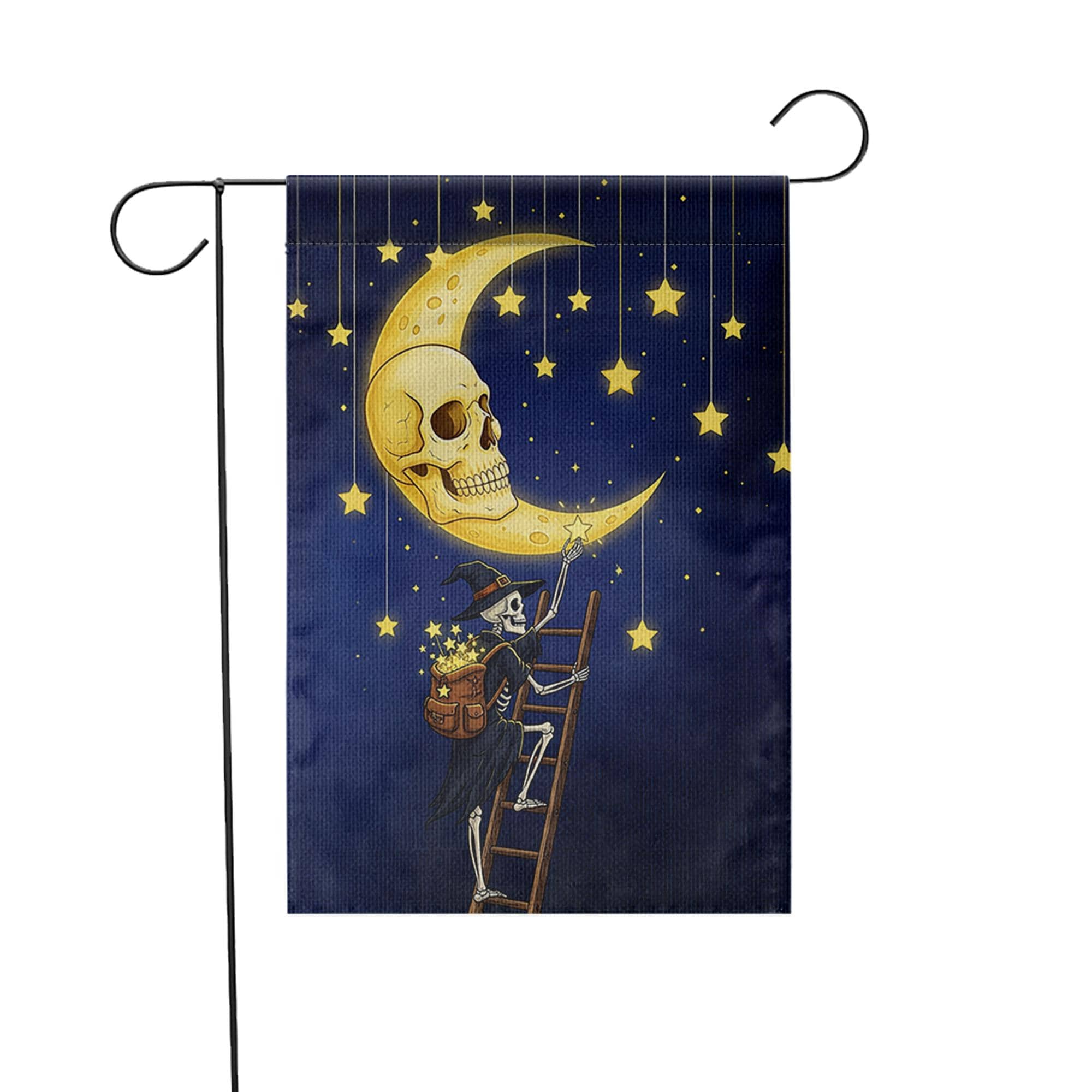 Skeleton Witch Halloween Garden Flag, Moon Skull Starry Night Banner, Spooky Fall Outdoor Yard Decor, Magical Witch Skeleton Sign