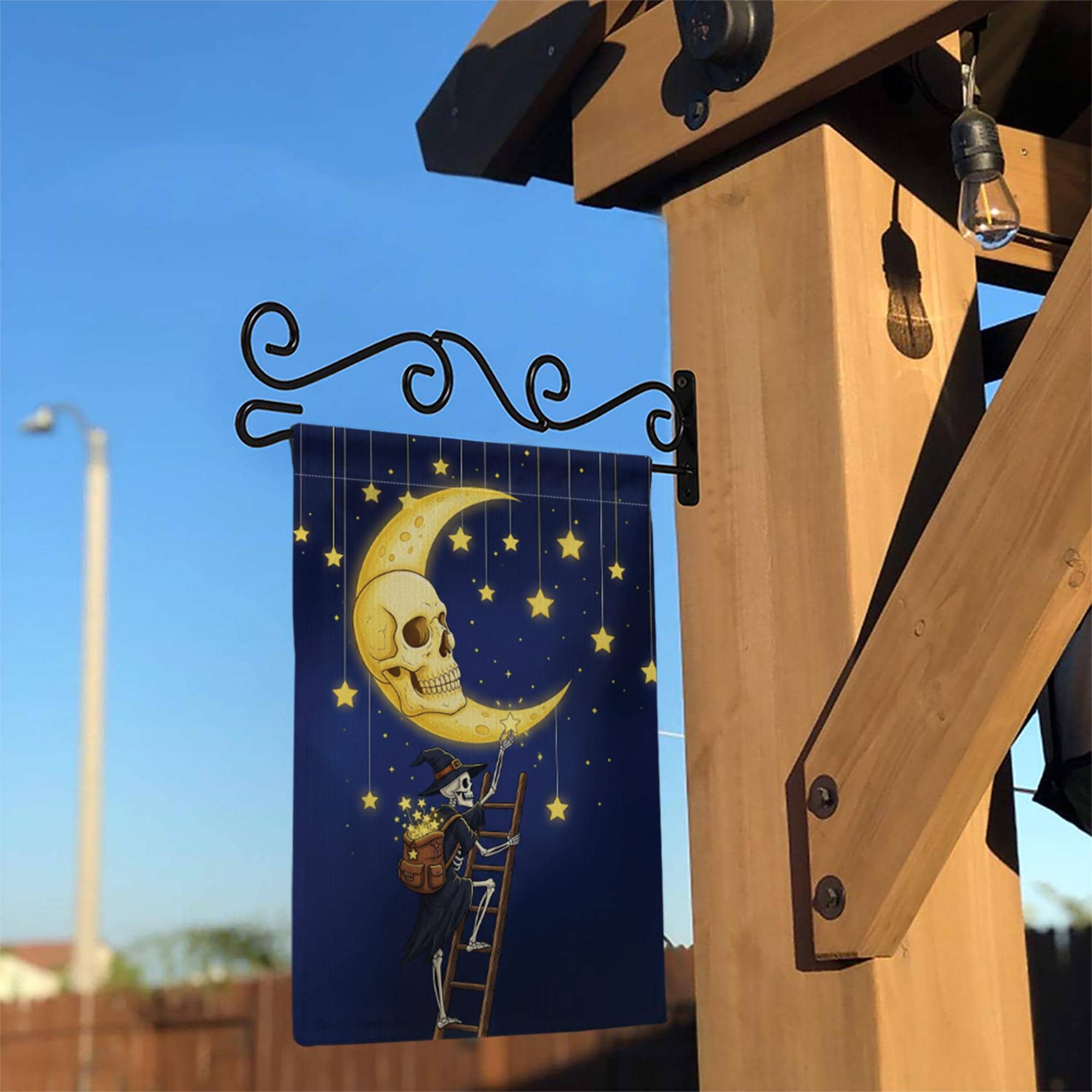 Skeleton Witch Halloween Garden Flag, Moon Skull Starry Night Banner, Spooky Fall Outdoor Yard Decor, Magical Witch Skeleton Sign