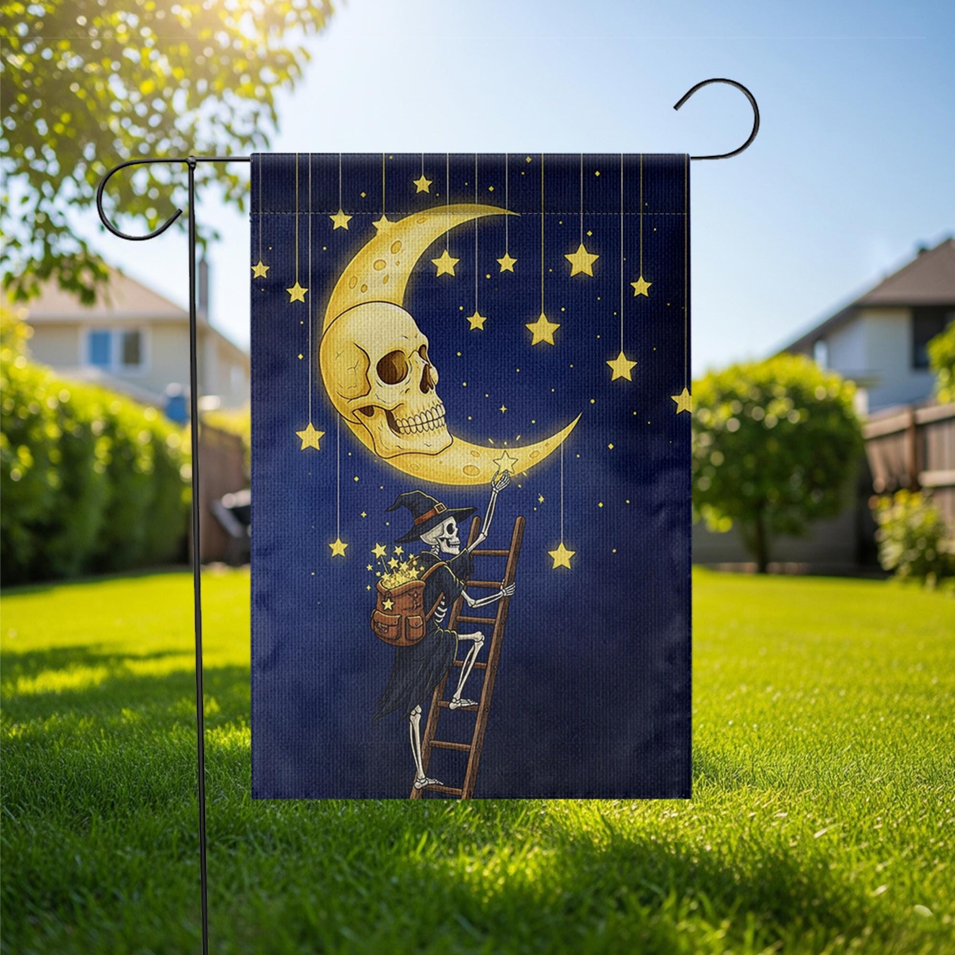 Skeleton Witch Halloween Garden Flag, Moon Skull Starry Night Banner, Spooky Fall Outdoor Yard Decor, Magical Witch Skeleton Sign