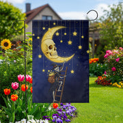Skeleton Witch Halloween Garden Flag, Moon Skull Starry Night Banner, Spooky Fall Outdoor Yard Decor, Magical Witch Skeleton Sign