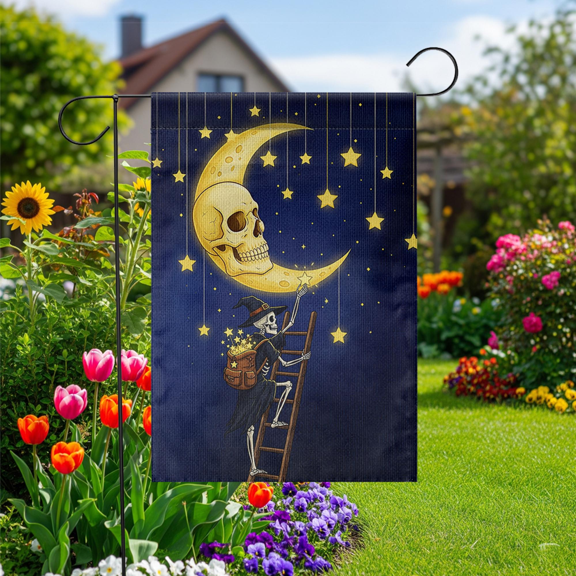Skeleton Witch Halloween Garden Flag, Moon Skull Starry Night Banner, Spooky Fall Outdoor Yard Decor, Magical Witch Skeleton Sign