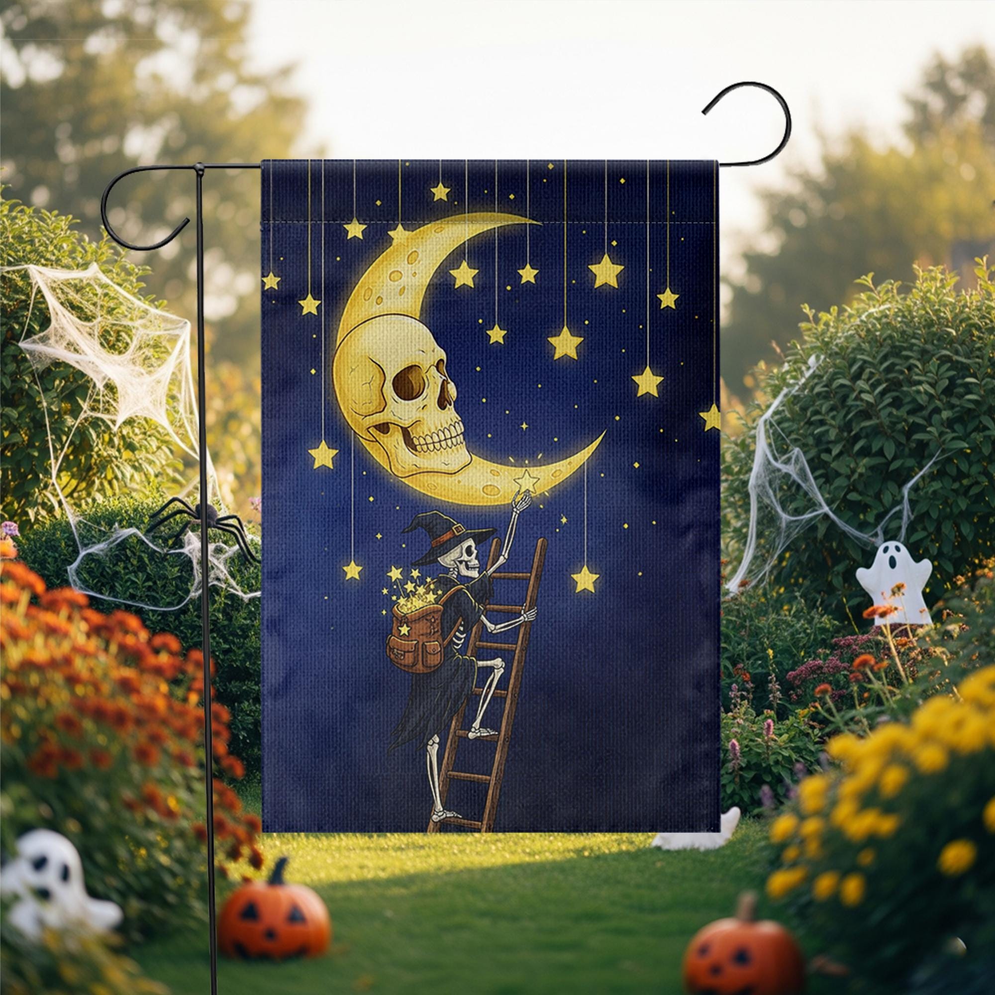 Skeleton Witch Halloween Garden Flag, Moon Skull Starry Night Banner, Spooky Fall Outdoor Yard Decor, Magical Witch Skeleton Sign
