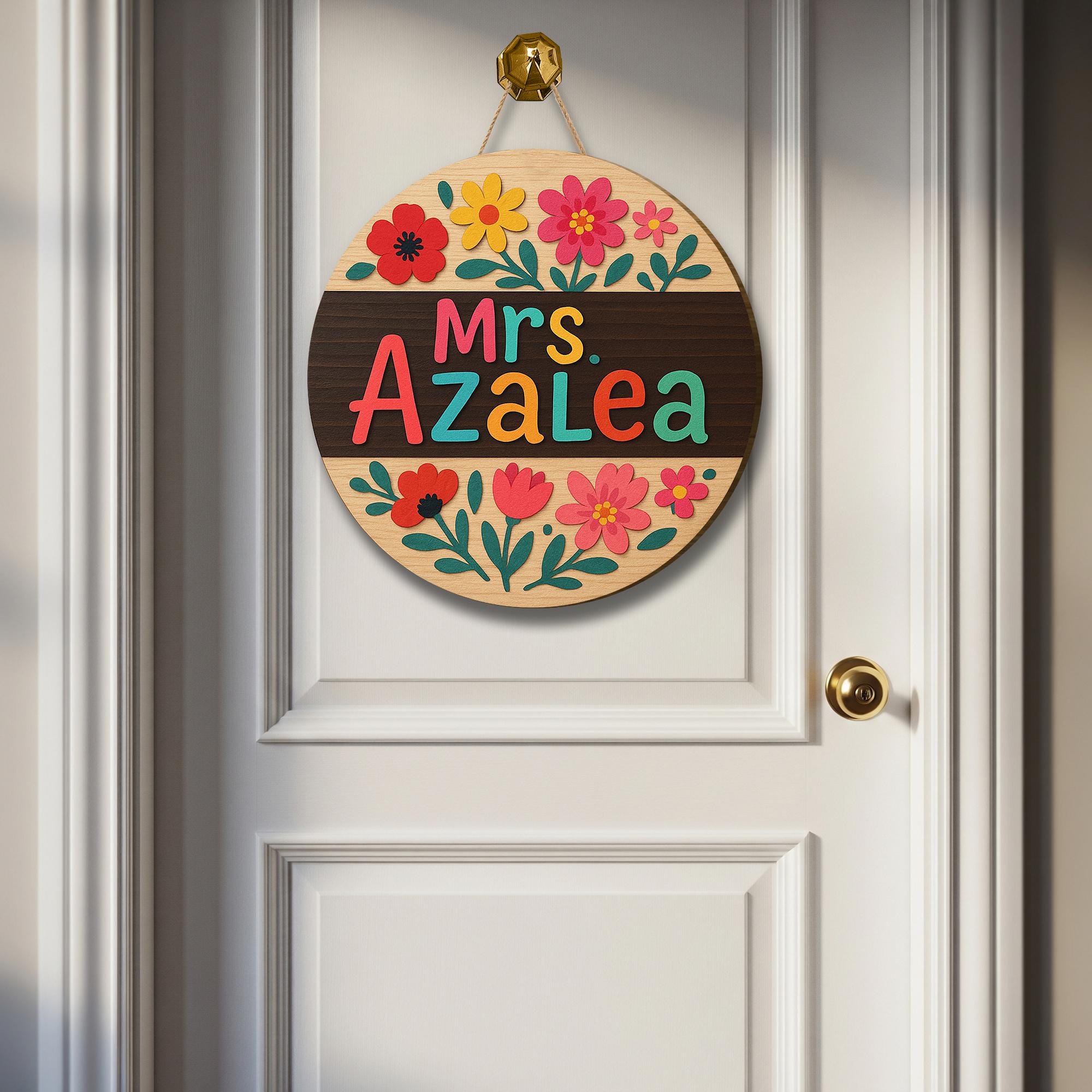 Custom Teacher Door Sign, Floral Round Wooden Name Plaque, Classroom Wall Decor, Back to School Gift, Colorful Educator Hanger