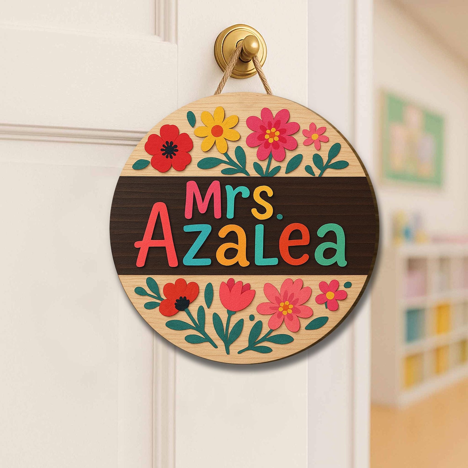 Custom Teacher Door Sign, Floral Round Wooden Name Plaque, Classroom Wall Decor, Back to School Gift, Colorful Educator Hanger