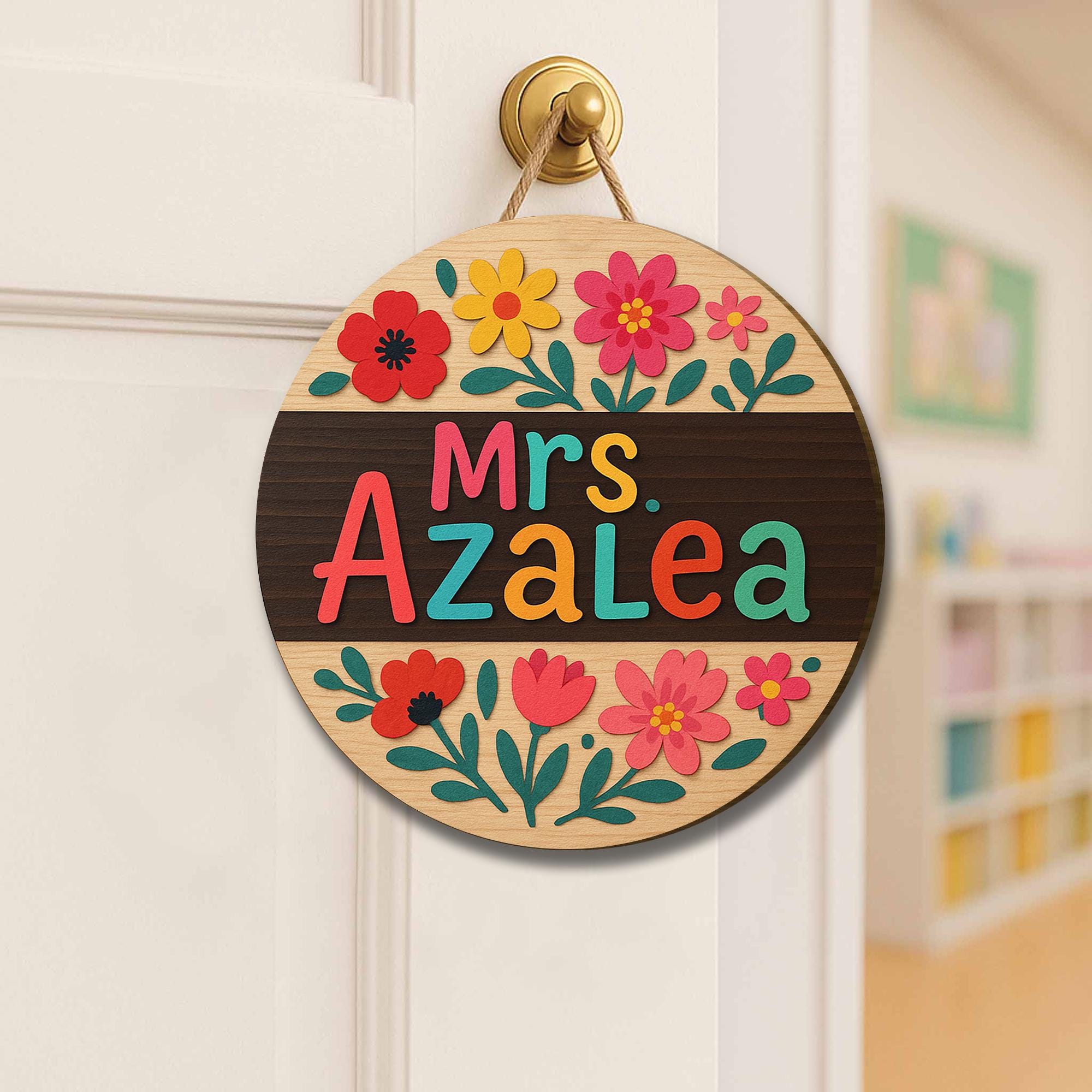 Custom Teacher Door Sign, Floral Round Wooden Name Plaque, Classroom Wall Decor, Back to School Gift, Colorful Educator Hanger