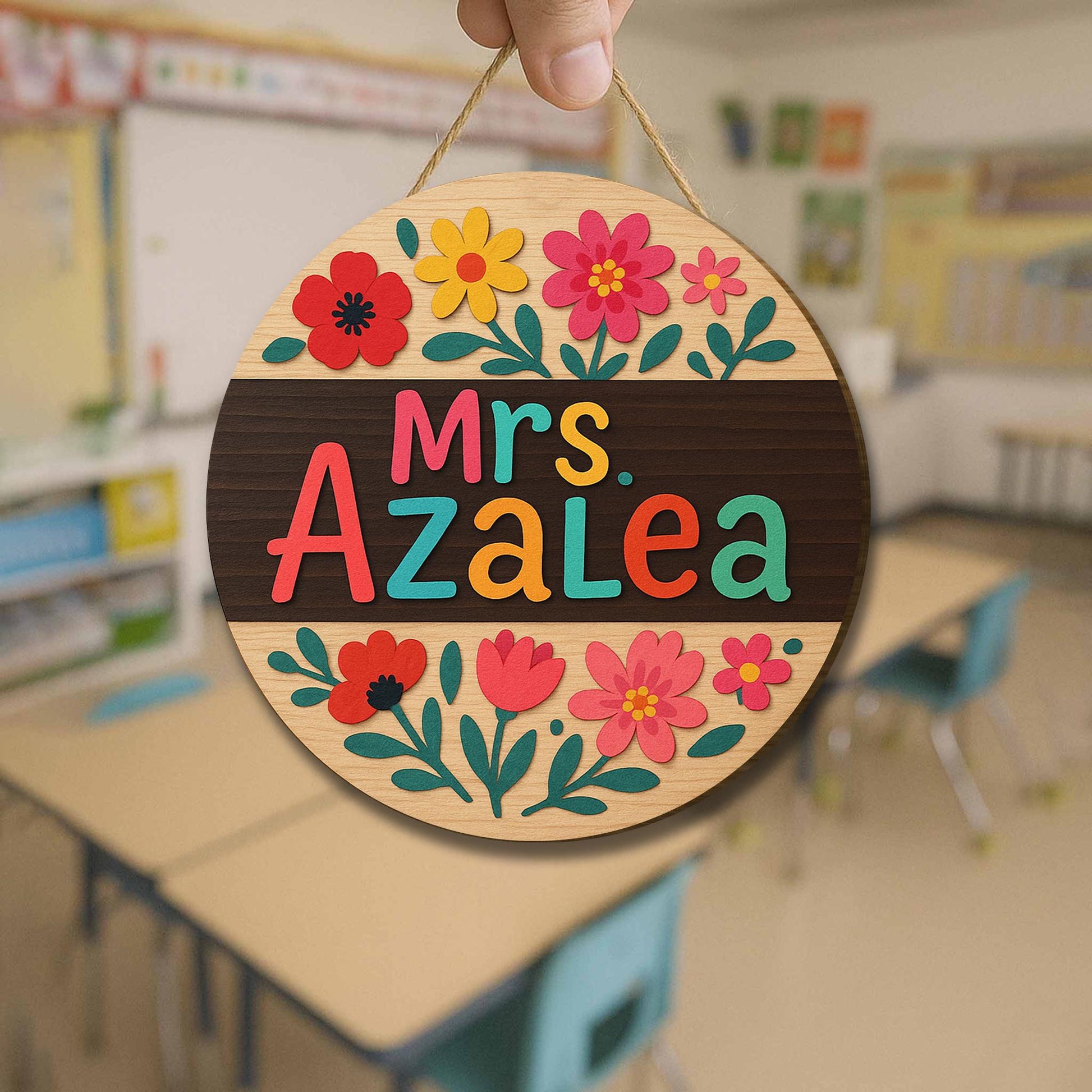 Custom Teacher Door Sign, Floral Round Wooden Name Plaque, Classroom Wall Decor, Back to School Gift, Colorful Educator Hanger
